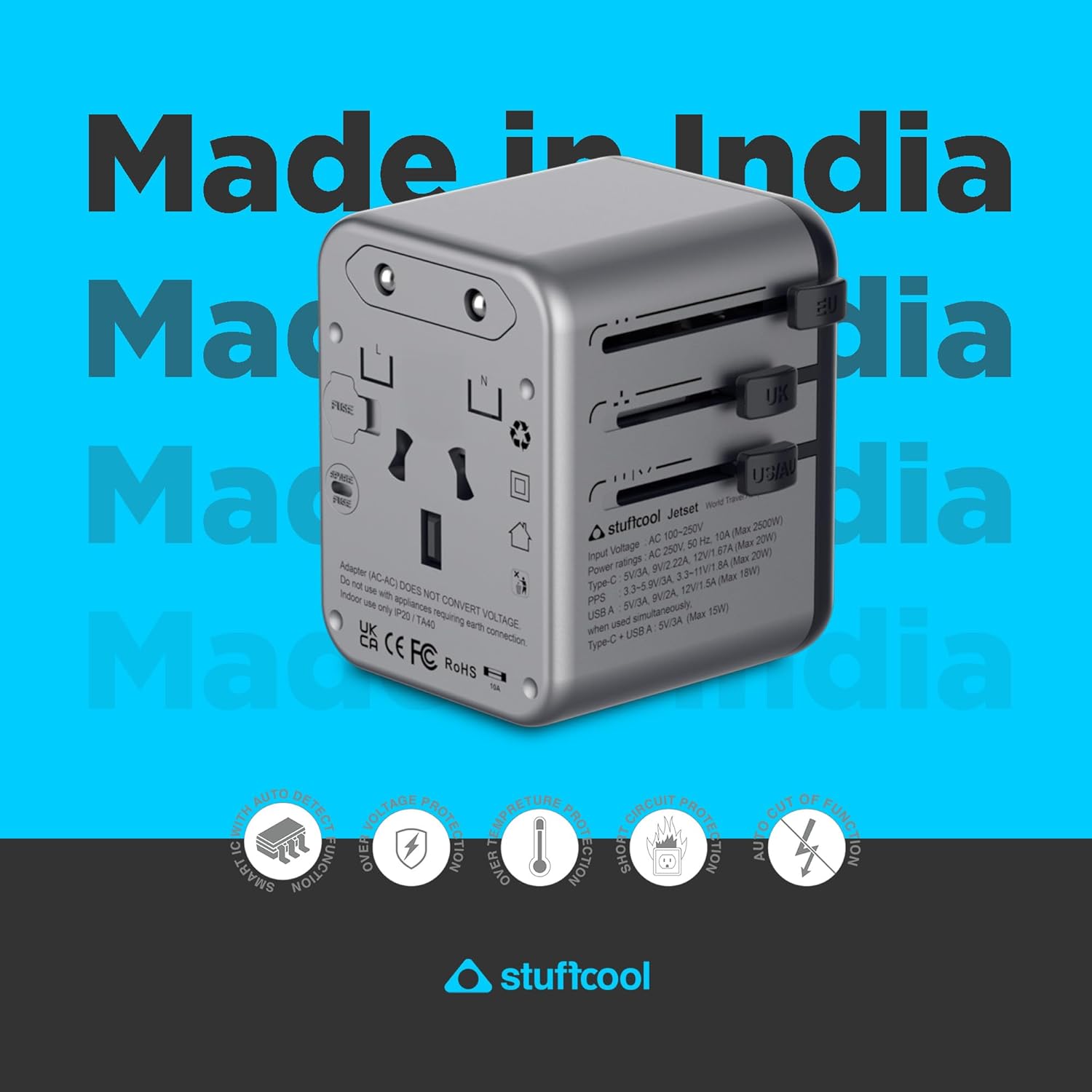 1737100196 Stuffcool Jetset Made in India Universal Travel Adapter with US UK EU AUS pins Works in 150 Countries with PD20W Type C Port and 18W Type A Port Built in Charges iPhones 50 in 30 mins