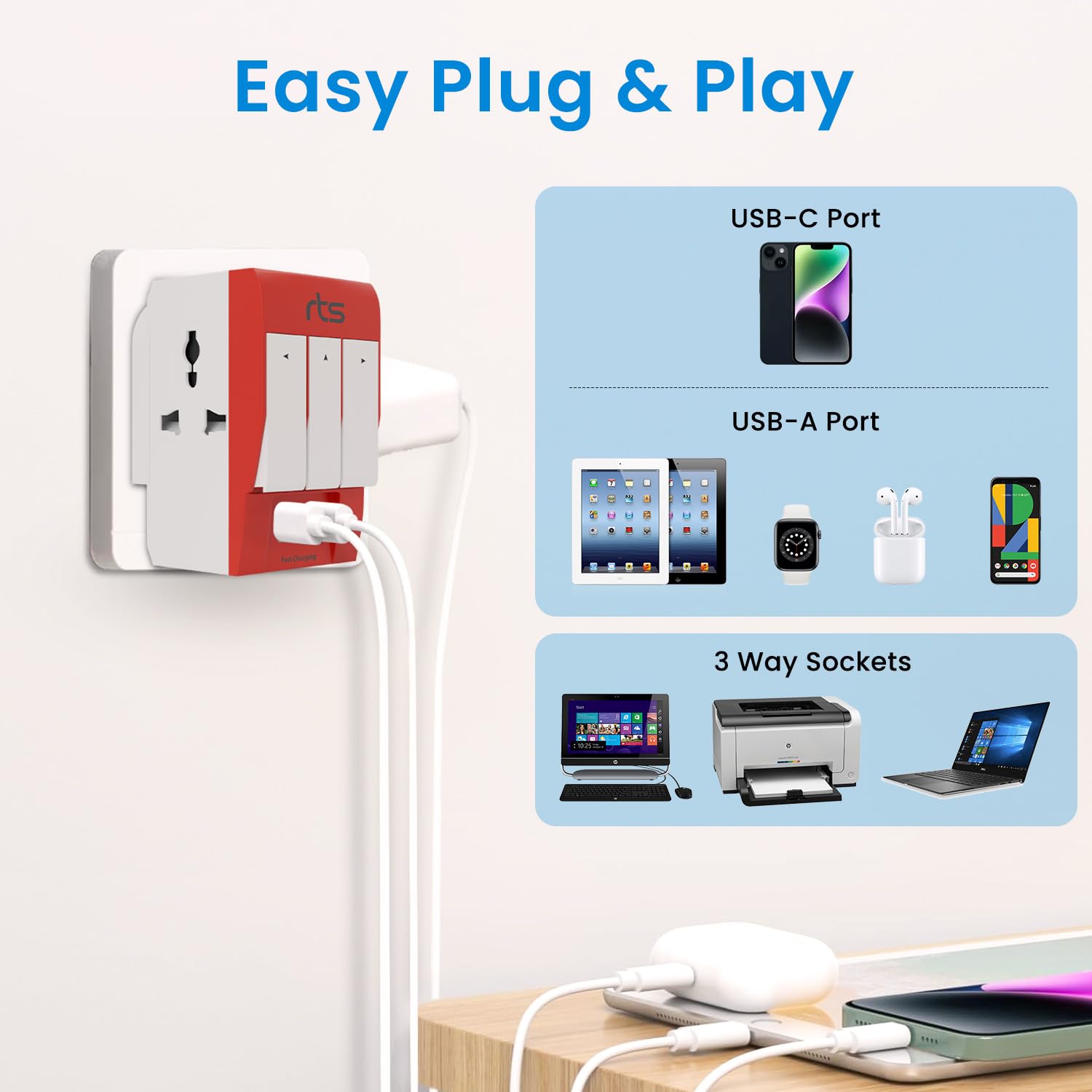 1737186652 rts 3 Pin 3 Way Universal Multiplug Travel Adaptor with Type C PD USB Ports Individual Switch LED Indicator Compatible with HomeOfficeIndustrial UseLaptopDesktopMobilePrinter Red