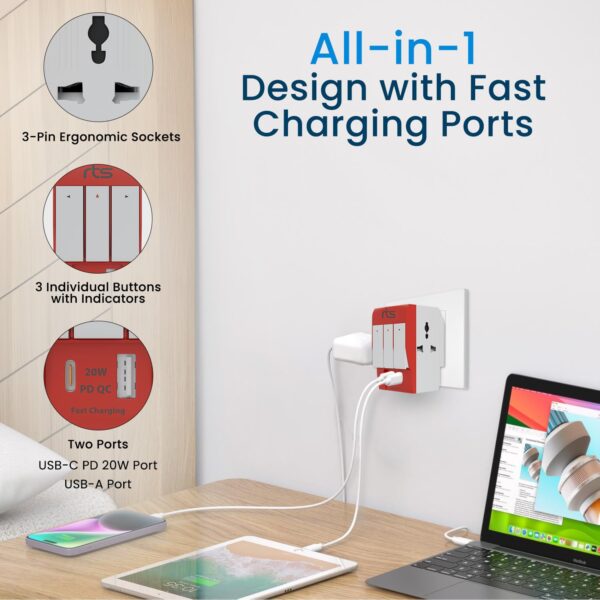 1737186654 rts 3 Pin 3 Way Universal Multiplug Travel Adaptor with Type C PD USB Ports Individual Switch LED Indicator Compatible with HomeOfficeIndustrial UseLaptopDesktopMobilePrinter Red