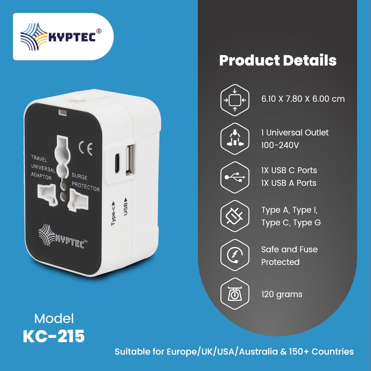 1737618991 KYPTEC International Travel Adapter Type C USB Ports International All in One Worldwide Universal Charger Adapter Safety Shutters Compact Universal Travel Adapter White 215