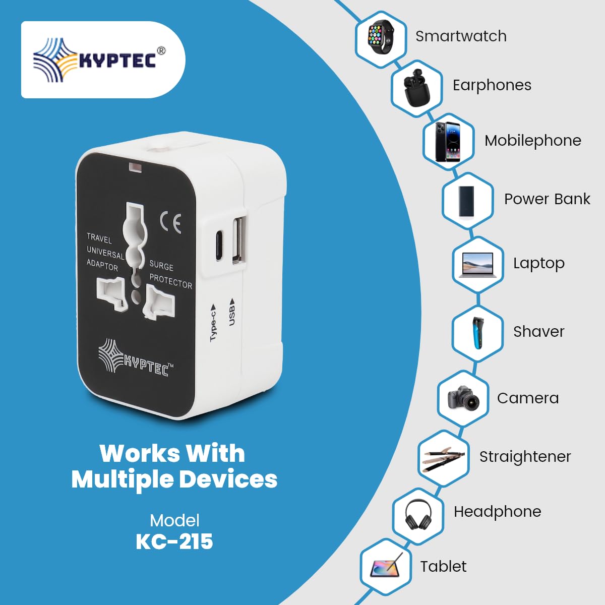1737618993 KYPTEC International Travel Adapter Type C USB Ports International All in One Worldwide Universal Charger Adapter Safety Shutters Compact Universal Travel Adapter White 215