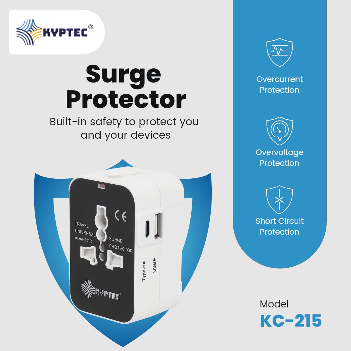 1737618995 KYPTEC International Travel Adapter Type C USB Ports International All in One Worldwide Universal Charger Adapter Safety Shutters Compact Universal Travel Adapter White 215