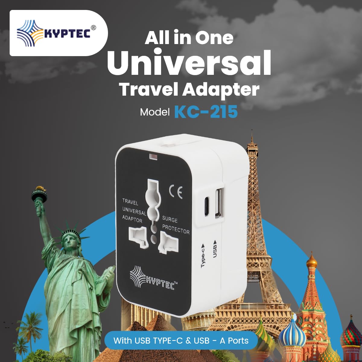 1737618996 KYPTEC International Travel Adapter Type C USB Ports International All in One Worldwide Universal Charger Adapter Safety Shutters Compact Universal Travel Adapter White 215