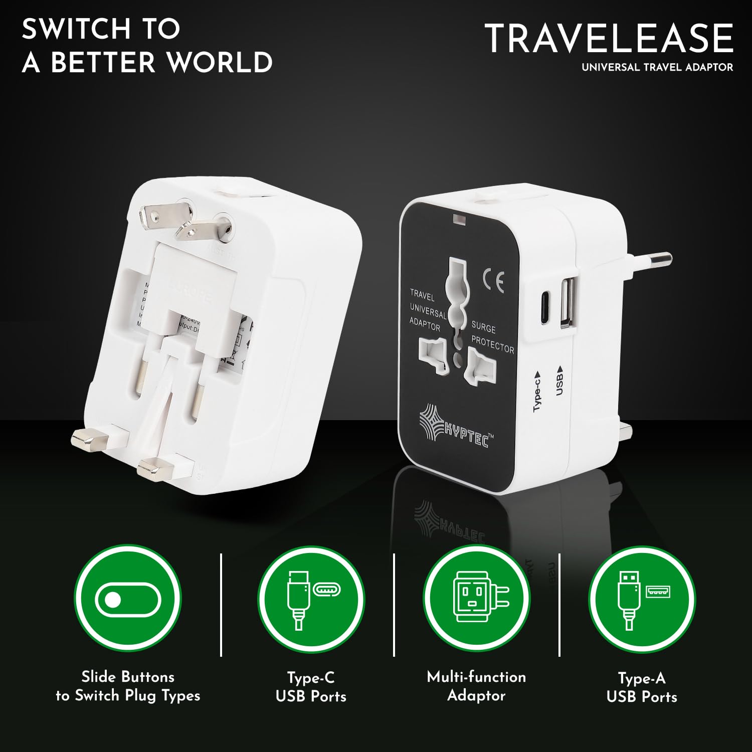 1737618998 KYPTEC International Travel Adapter Type C USB Ports International All in One Worldwide Universal Charger Adapter Safety Shutters Compact Universal Travel Adapter White 215