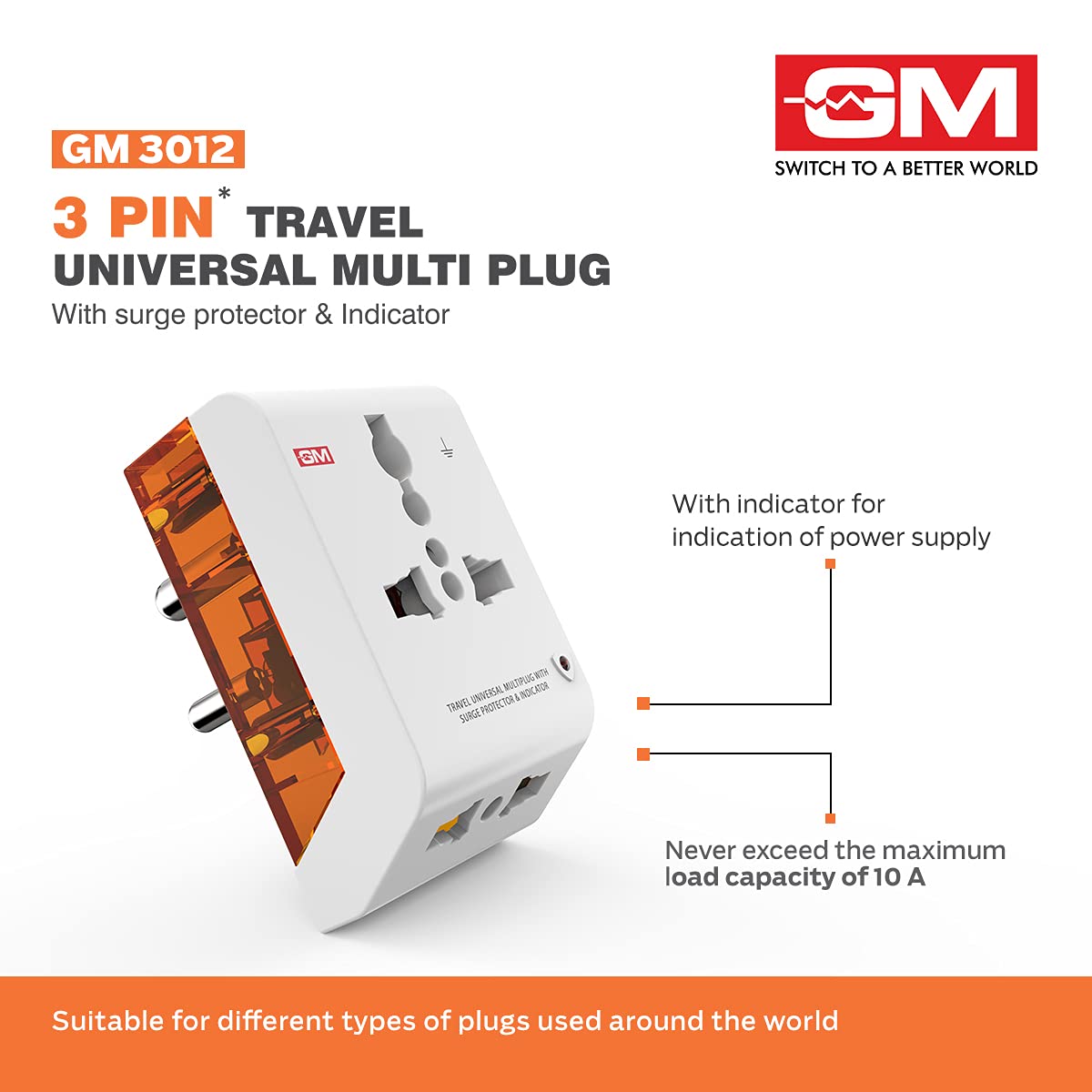 1738051647 GM 3012 3 Pin Travel Universal Multi Plug Adaptor with Surge Protector and Indicator White Pack of 1