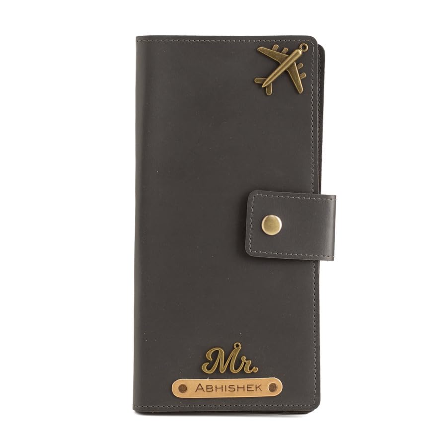 AICA Personalized Name & Charm Long Leather Wallet Passport Cover AICA Personalized Name & Charm Long Leather Wallet Passport Cover with Passport, Boarding Pass, Currency, Card Slot & Coin Holder for Men & Women (Grey) | Customised Gifts for Men Women