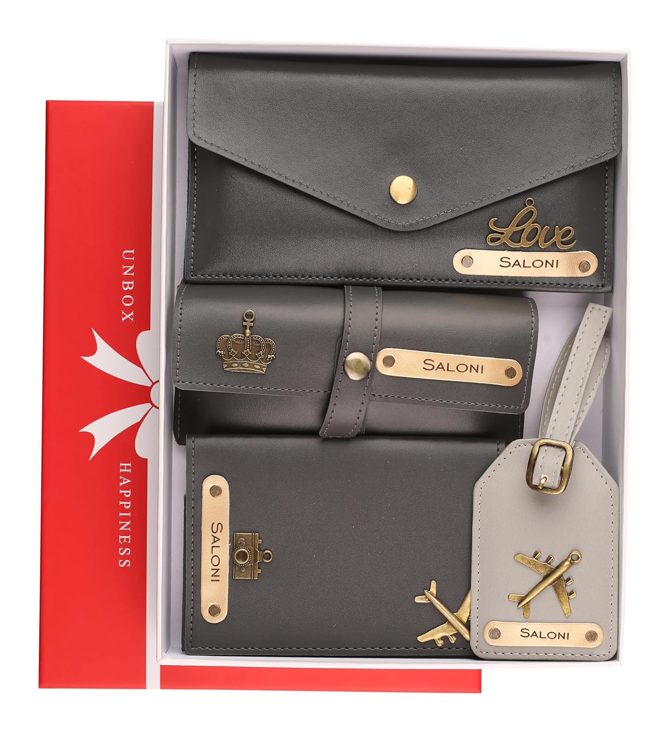AICA Personalized Name & Charm Passport Cover Holder Combo Giftset AICA Personalized Name & Charm Passport Cover Holder Combo Giftset for Women (Grey) |Customized Gifts Birthday Anniversary Wedding for Women Girl Wife