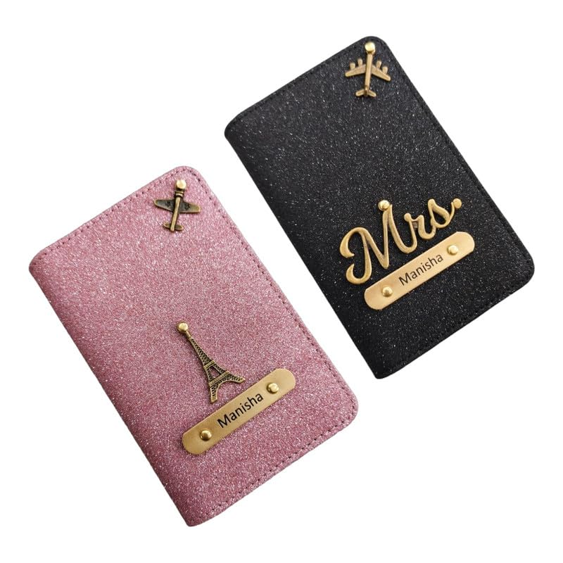 CELED Personalised Glitered Name Passport Cover Combo Pack| Combo Pack CELED Personalised Glitered Name Passport Cover Combo Pack| Combo Pack of 2 | Passport Cover for Womens and Girls| Gift Pack|Travel Assessories Peach & Black