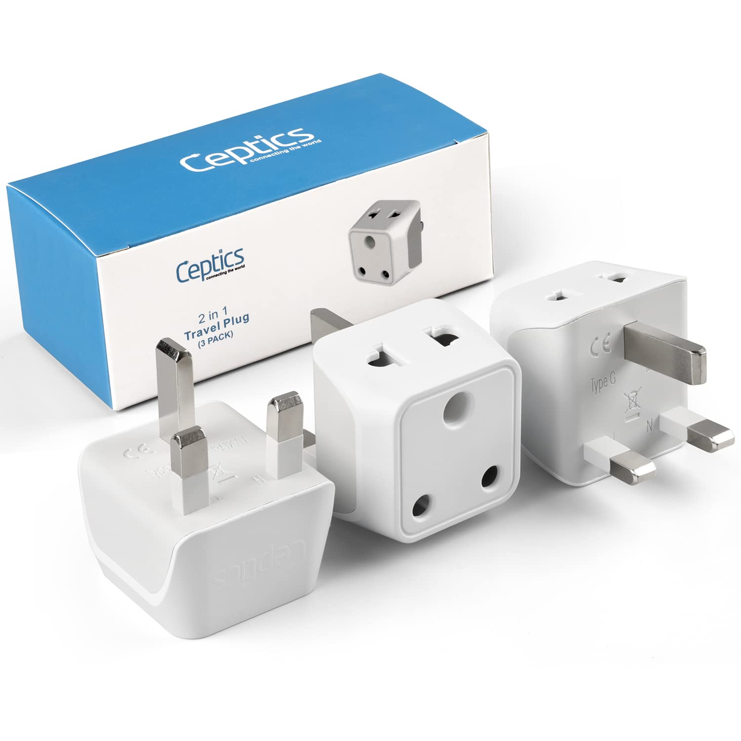 Ceptics UK Adapter for Indian Pins Type G Plug Adapter with Dual Inputs India to UAE Adapter Ireland Plug 2 in 1 UK Adapter for Laptops Phones Chargers CE RoHS 3 Pack