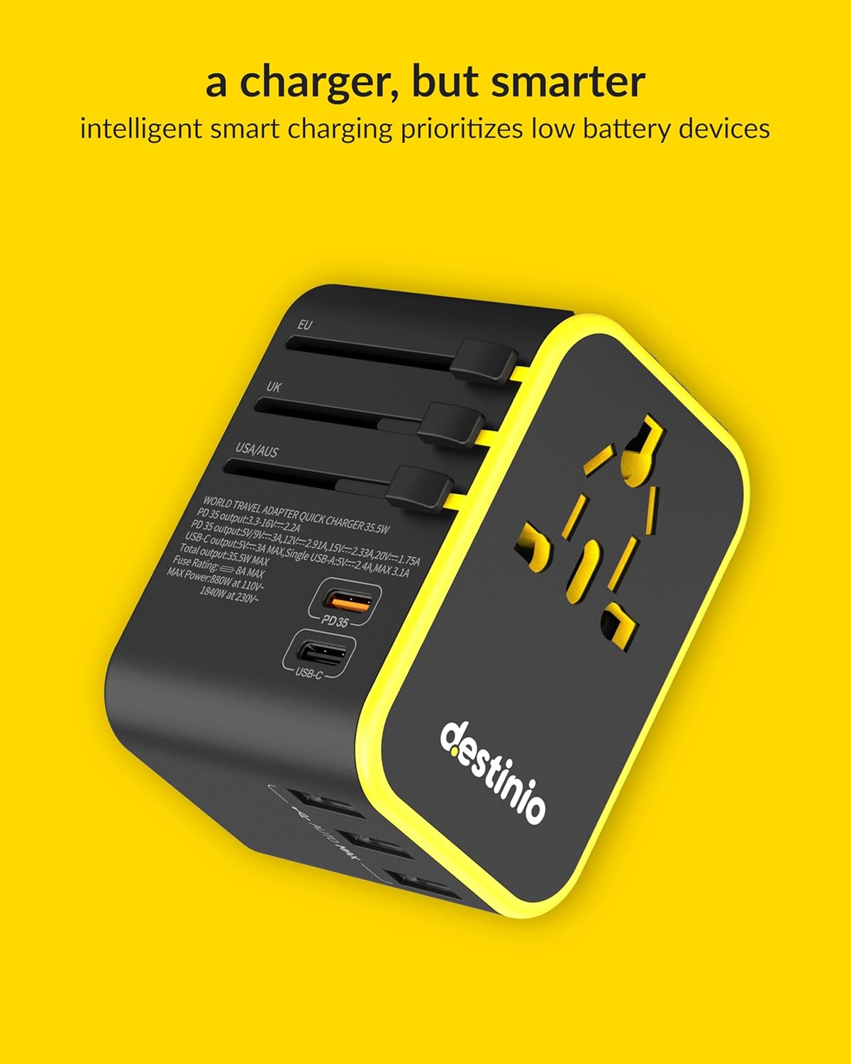 Destinio Universal Charger Adapter 6 in 1 Fast Charging International Travel Adapter with PD Type C 3 USB Ports All in One for US UK Europe Type C Compatible 35 W Type C Yellow