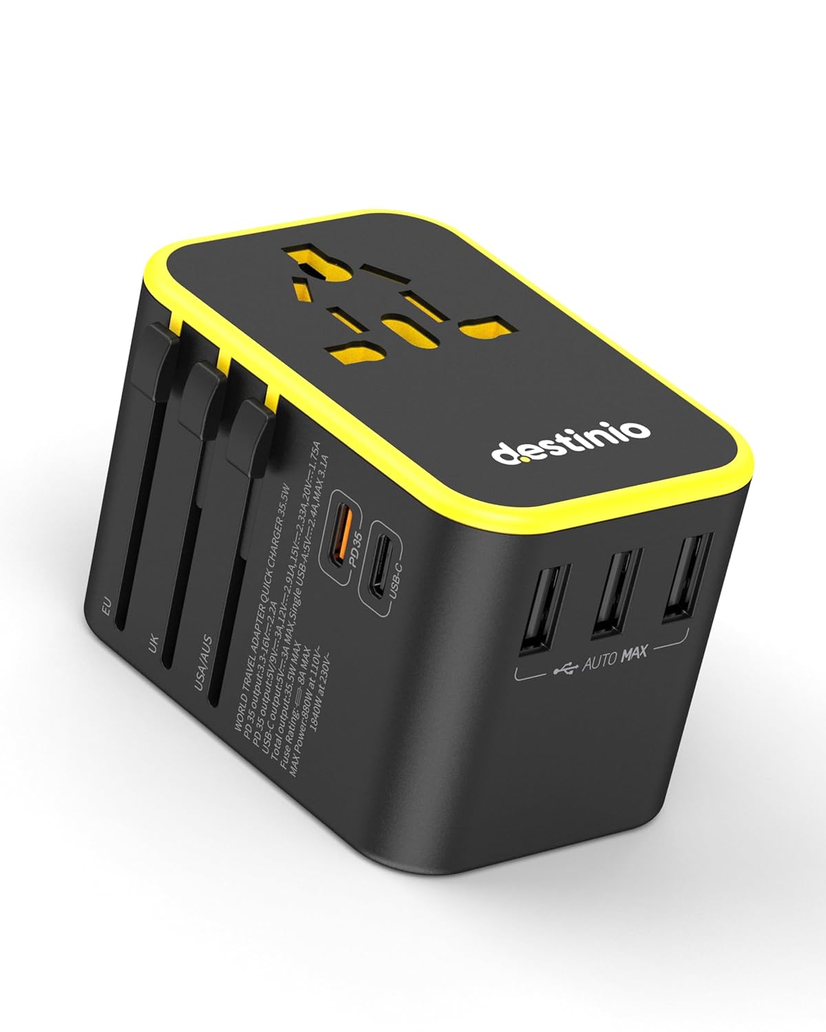 Destinio Universal Charger Adapter - 6-in-1 Fast Charging International Travel Adapter with PD, Type C & 3 USB Ports - All-in-One for US, UK, Europe - Type C Compatible (35 W - Type C (Yellow))