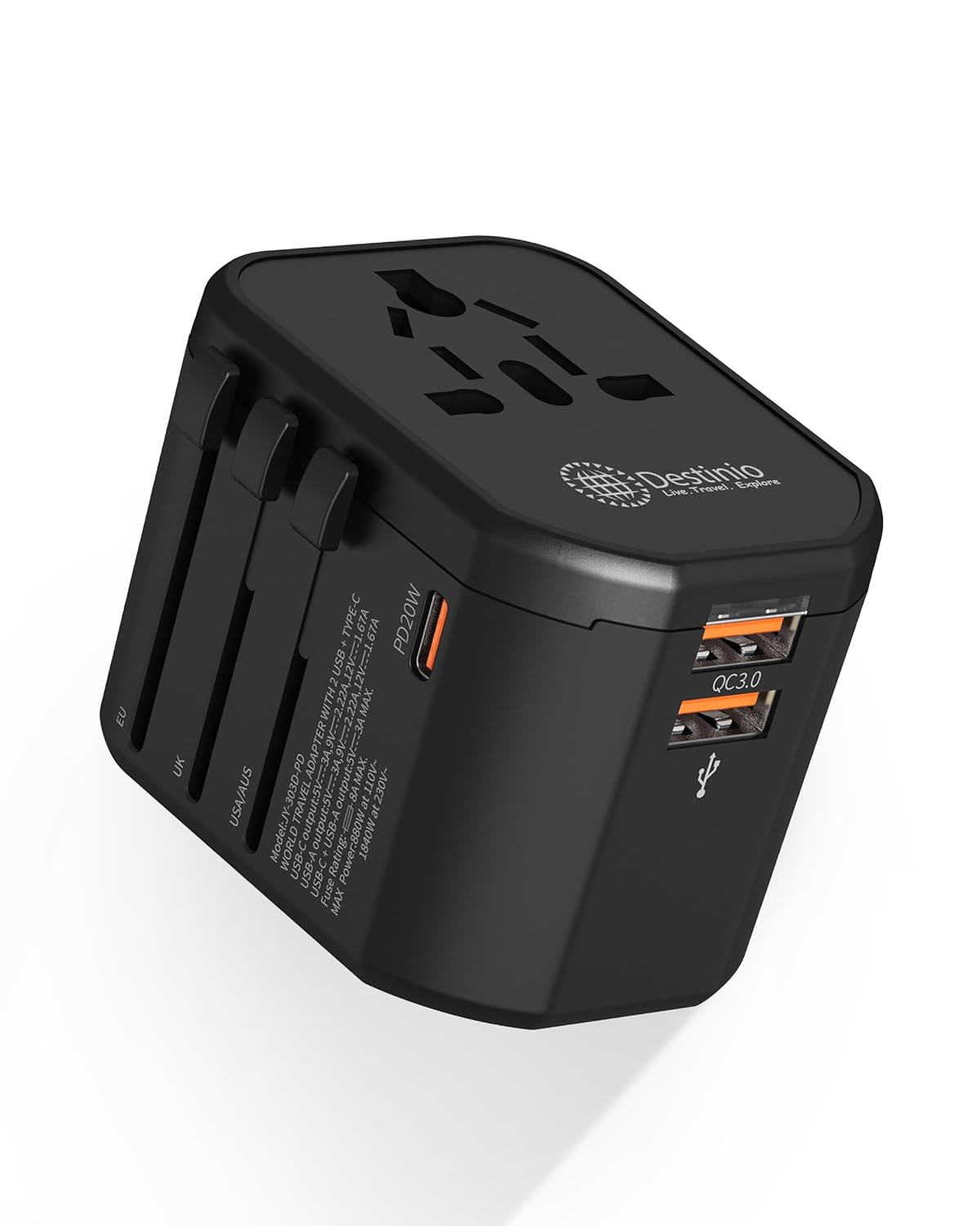 Destinio Universal Travel Adapter - 20W PD Type C, 4-in-1 Fast Charging Adapter with 1 Type C & 2 USB Ports, Universal Charger Adapter, All-in-One International Travel Adapter for US, UK, Europe