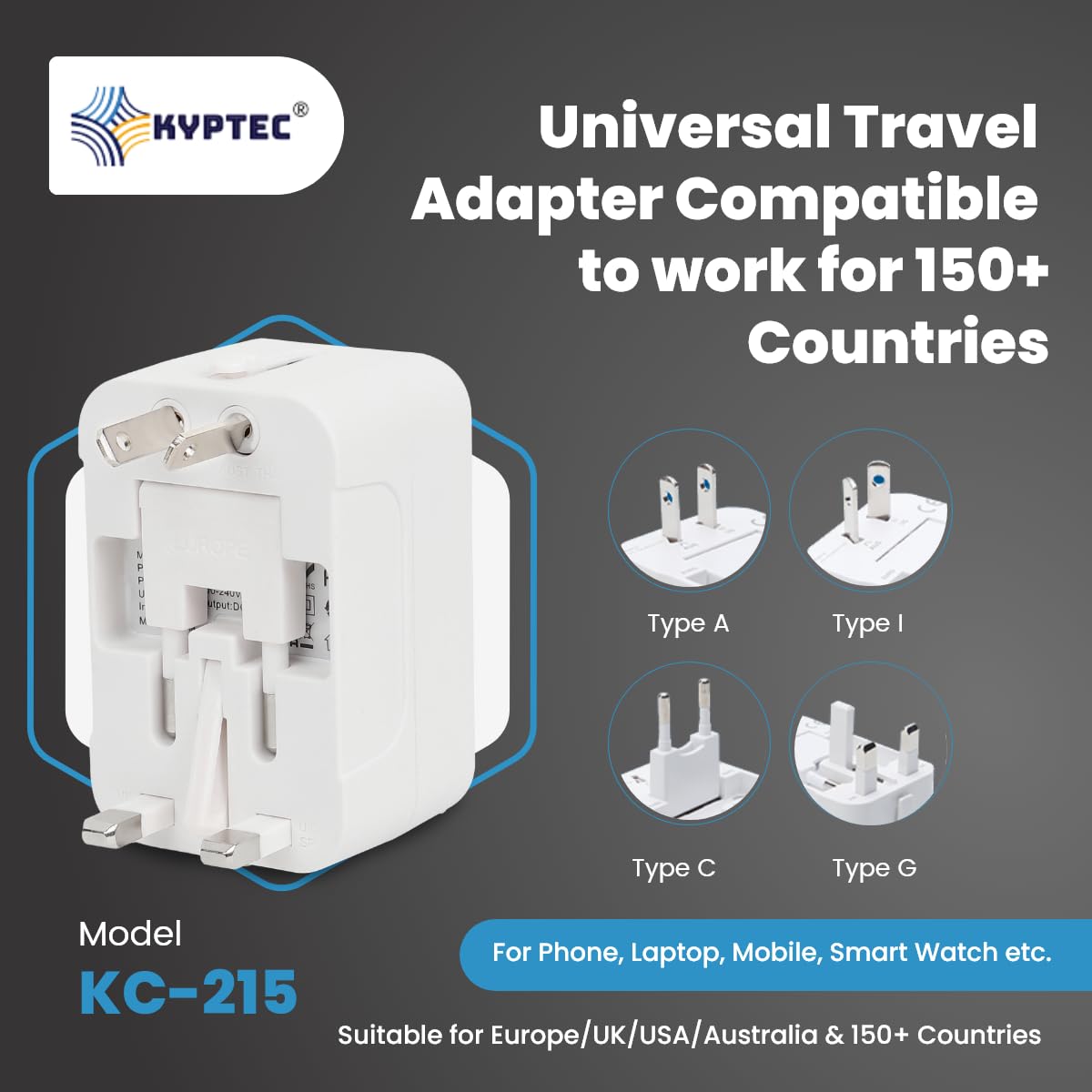 KYPTEC International Travel Adapter Type C USB Ports International All in One Worldwide Universal Charger Adapter Safety Shutters Compact Universal Travel Adapter White 215
