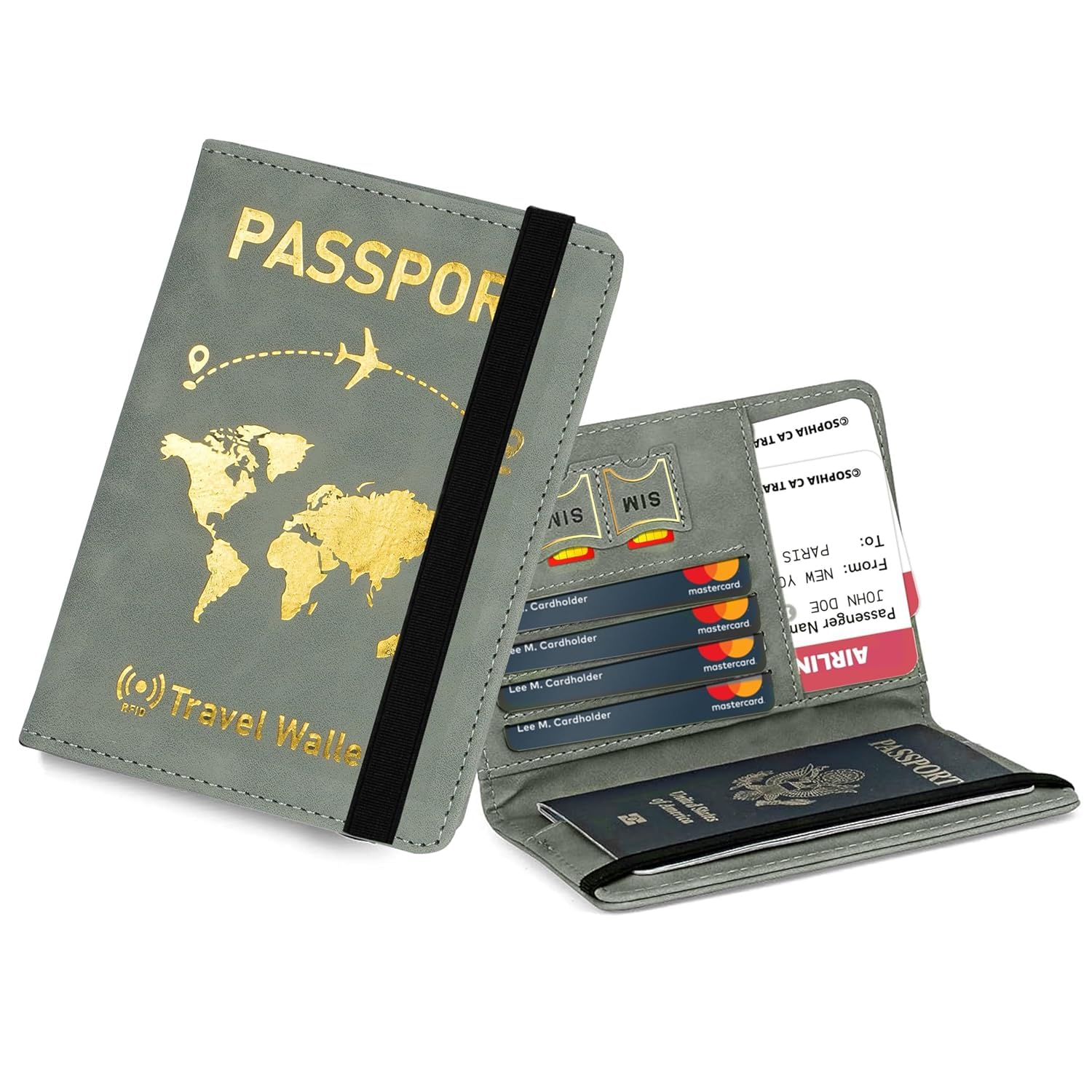 Revernest Passport Holder Cover Travel Wallet Organiser Passport Case with RFID Blocking PU Leather Travel Document Holder for Men Women Travel Accessories Grey Gold Passport Holder Grey
