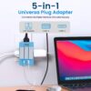 Rts 3 Pin Multi Plug Socket Worldwide Universal Travel Adapter with USB Ports Type C PD Individual Switch Safety Shutter LED Indicator 3 Way Plug Socket 5A 250V Type D Plug for Home Office Blue