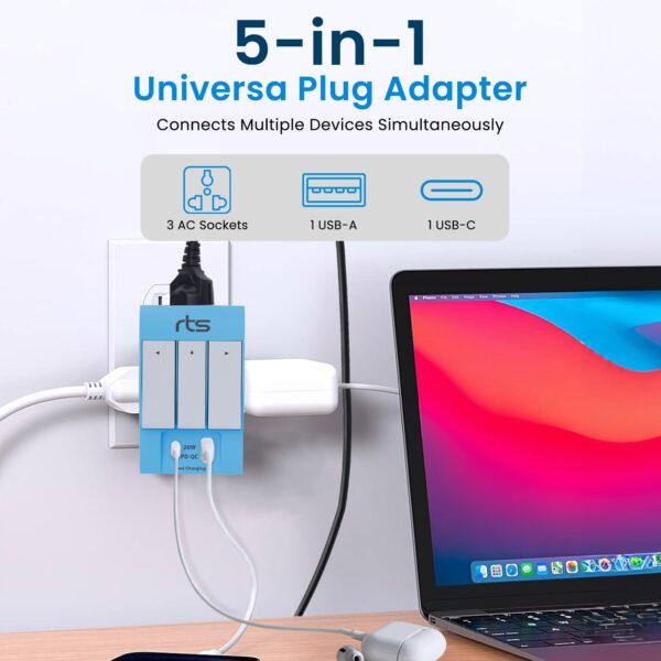 Rts 3 Pin Multi Plug Socket Worldwide Universal Travel Adapter with USB Ports Type C PD Individual Switch Safety Shutter LED Indicator 3 Way Plug Socket 5A 250V Type D Plug for Home Office Blue