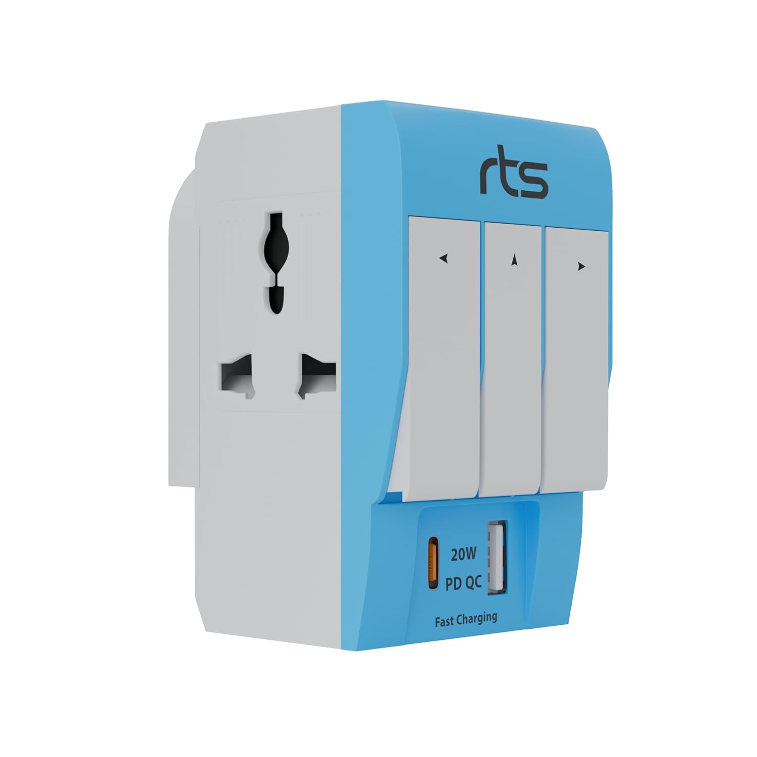 Rts 3 Pin Multi Plug Socket-Worldwide Universal Travel Adapter with USB Ports & Type-C PD Individual Switch Safety Shutter LED Indicator-3 Way Plug Socket (5A-250V) Type D Plug for Home Office Blue
