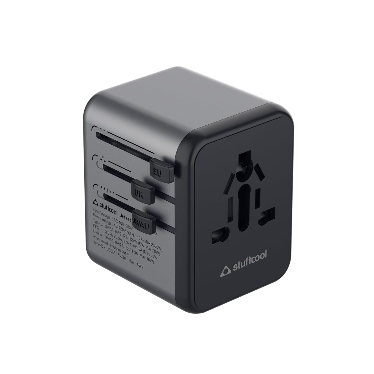 Stuffcool Jetset Made in India Universal Travel Adapter with US UK EU AUS pins Works in 150 Countries with PD20W Type C Port and 18W Type A Port Built in Charges iPhones 50 in 30 mins