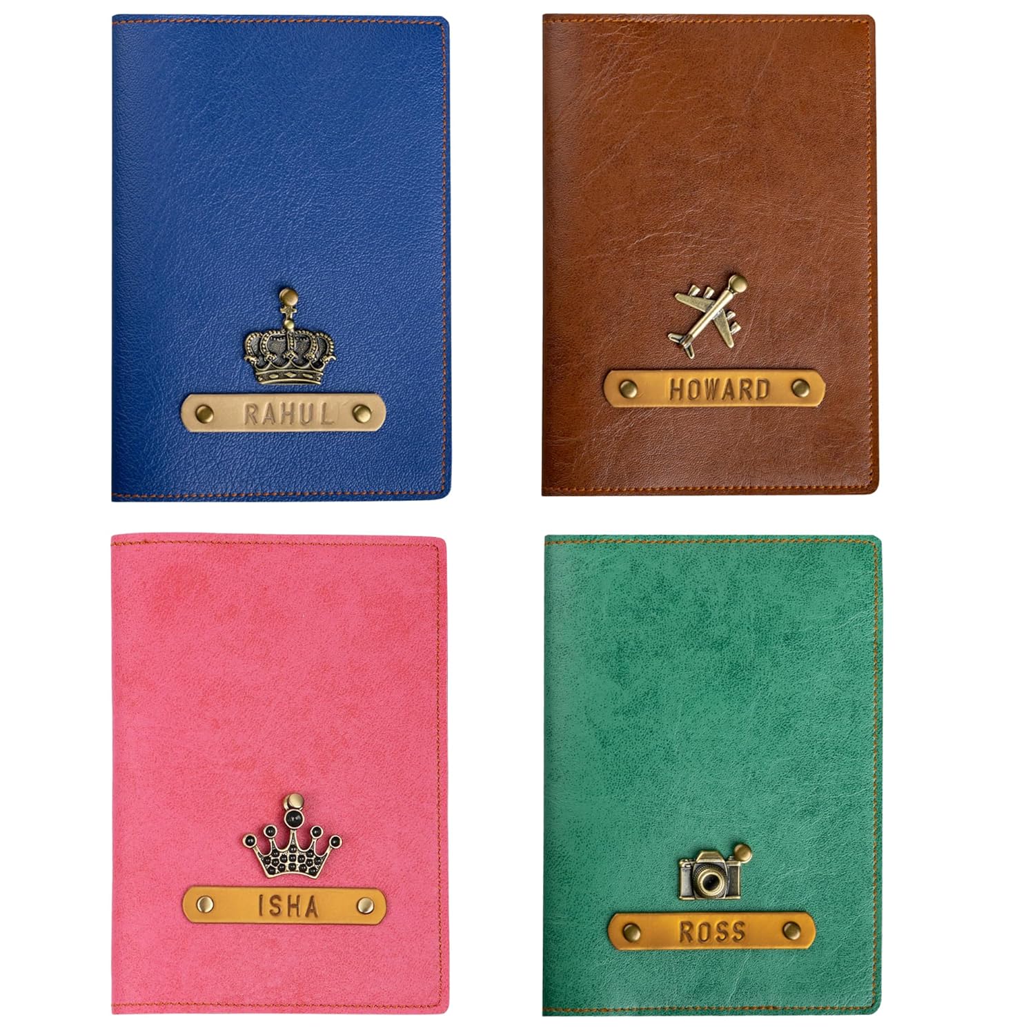 The Junket Personalized Passport Holder for Family 4 Pack | PU Leather Passport Cover with Customized Name & Charm | Handcrafted Unisex Gift for Travel.
