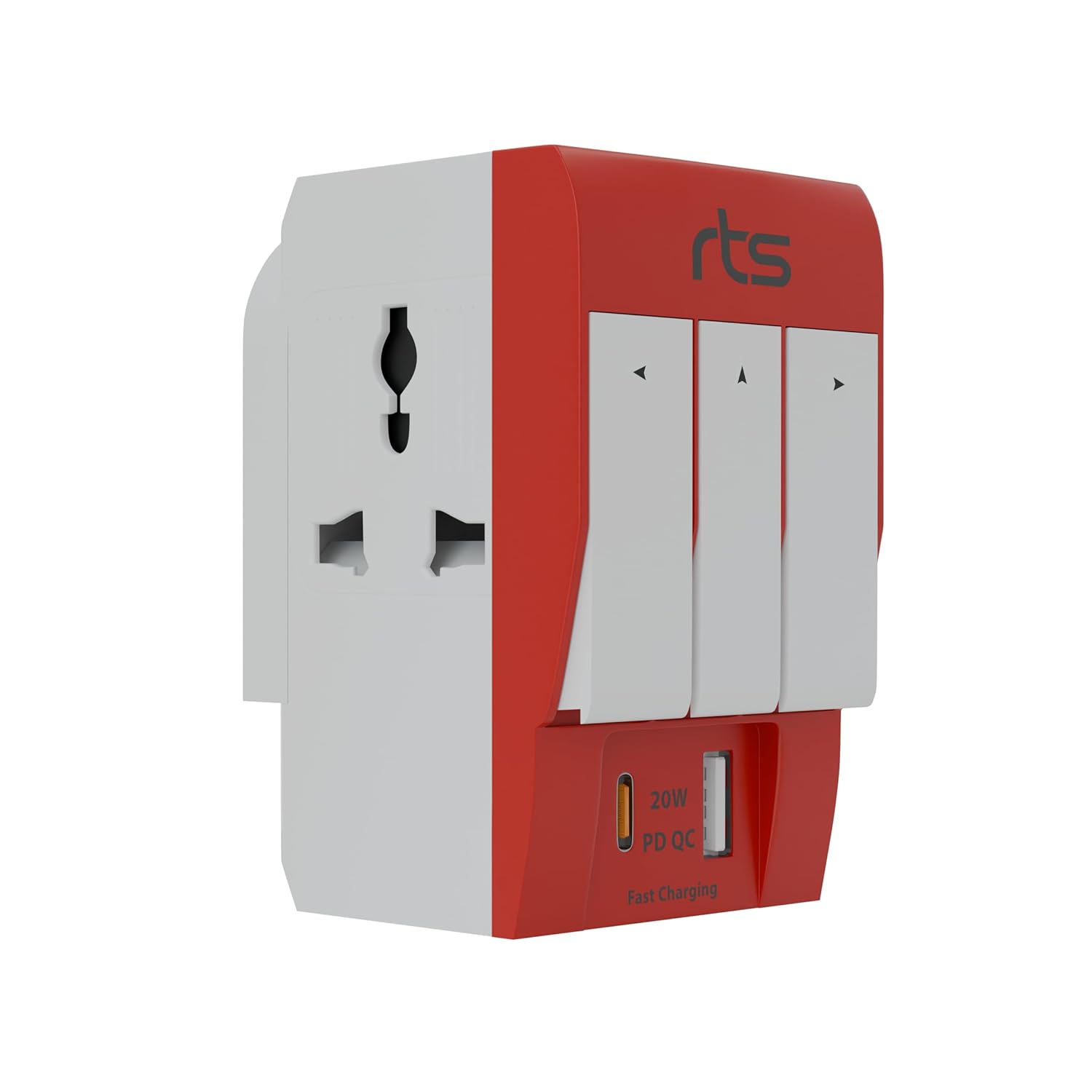 rts 3 Pin 3 Way Universal Multiplug Travel Adaptor with Type C PD & USB Ports Individual Switch LED Indicator Compatible with Home/Office/Industrial Use/Laptop/Desktop/Mobile/Printer Red