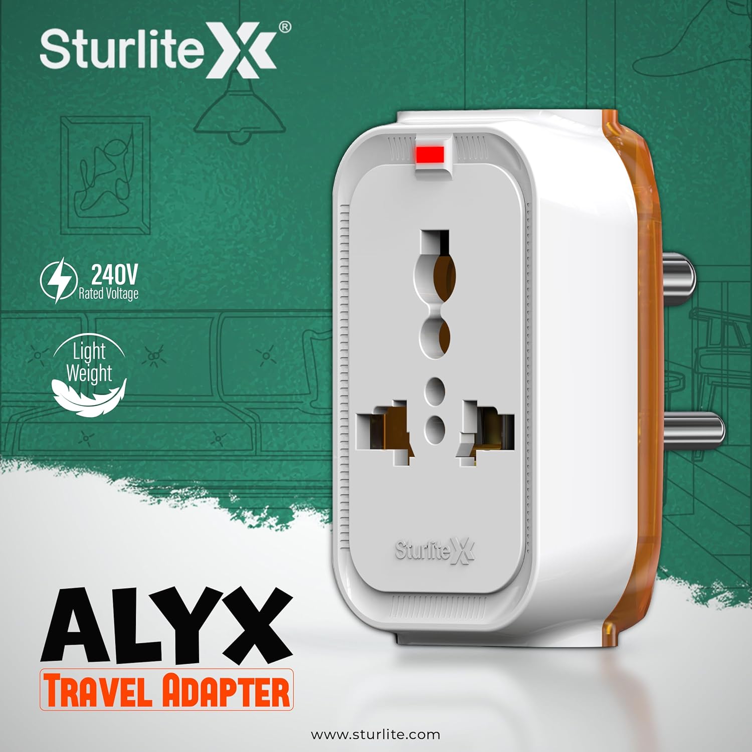 1738484076 Sturlite Alyx 3 Pin Plug Universal AC Travel Adapter ABS Strong Body Socket Pack of 1