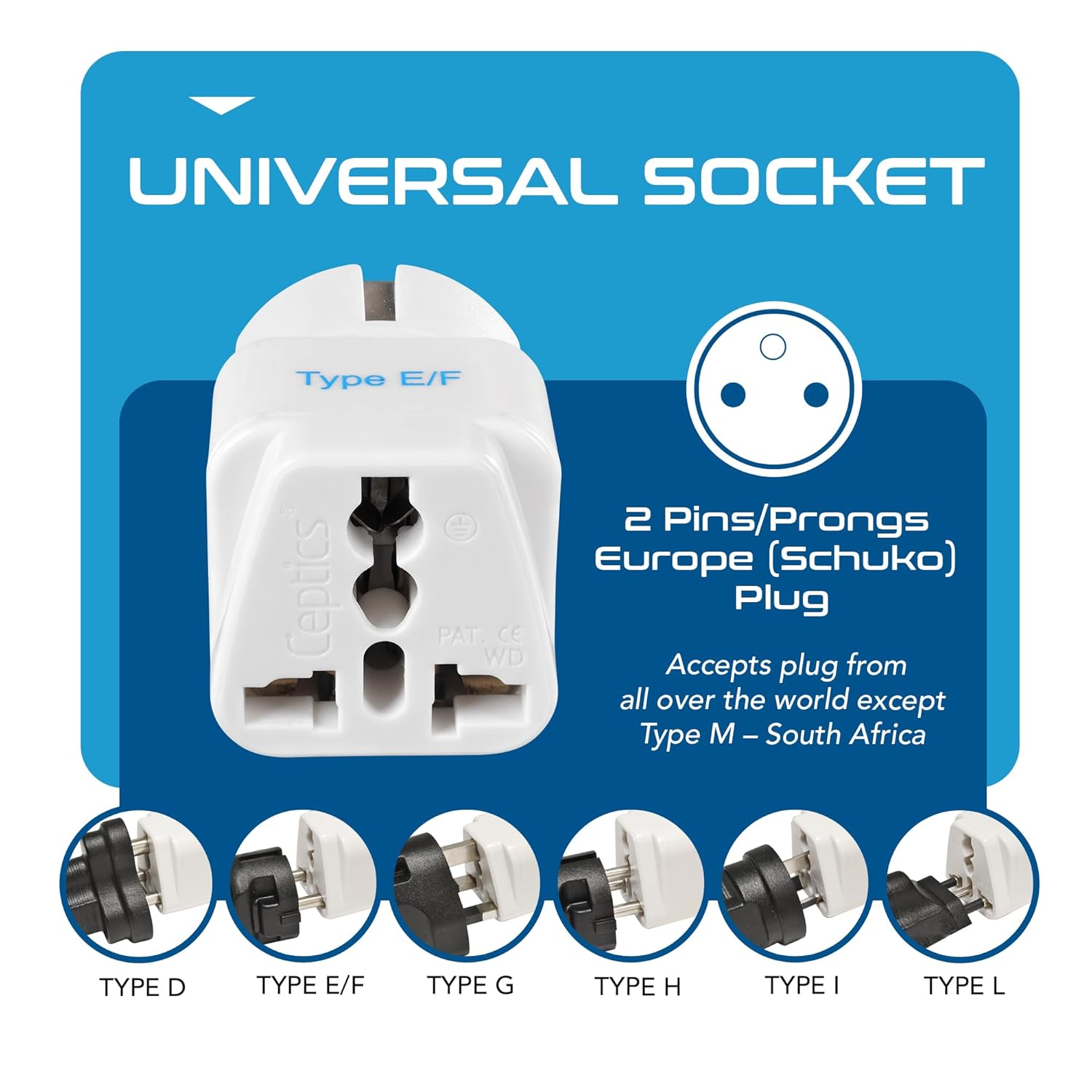 1738570551 Ceptics India to European Travel Adapter Schuko Type EF India to Europe CE Certified RoHS Compliant White 1 Pack 5 Years Warranty