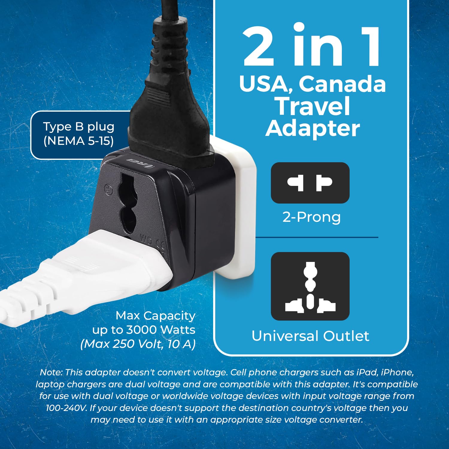 1738918048 OREI India to Canada USA Travel Adapter Philippines Type B Plug 2 in 1 Perfect for Laptop Chargers CE RoHS Black
