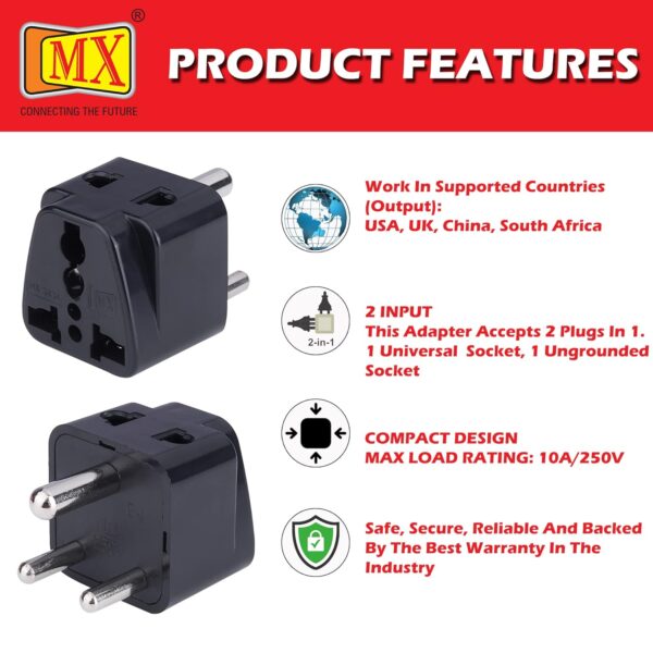 1739267917 MX Universal Travel Adapter Type D World USA UK China More to India 2 in 1 Conversion Plug for Home and Official use Black