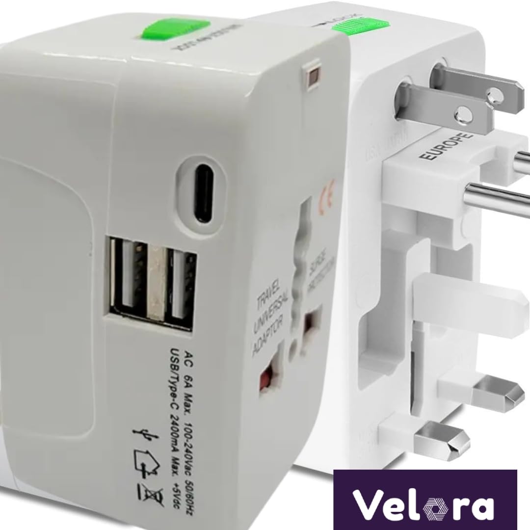 1739354418 Velora Universal Travel Adapter with USB C All in One Worldwide Charger and Power Converter AC Plug Adapter with USB Type C Ports for USA EU UK AUS White