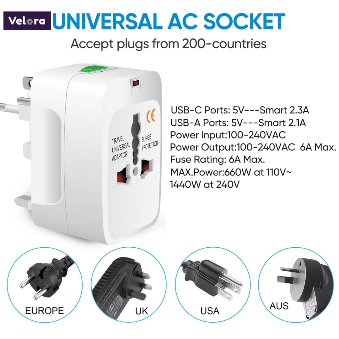 1739354420 Velora Universal Travel Adapter with USB C All in One Worldwide Charger and Power Converter AC Plug Adapter with USB Type C Ports for USA EU UK AUS White