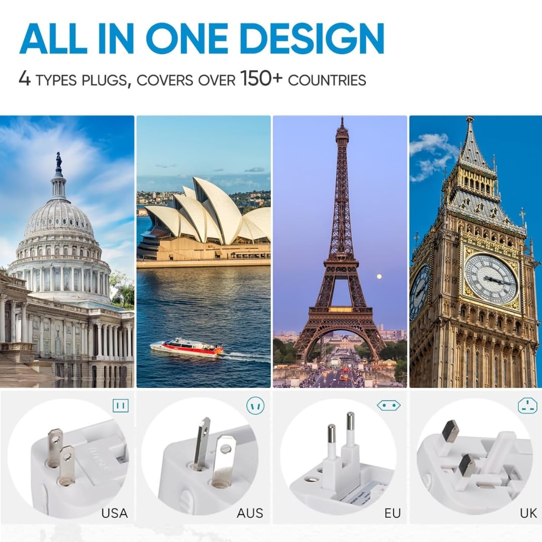 1739354423 Velora Universal Travel Adapter with USB C All in One Worldwide Charger and Power Converter AC Plug Adapter with USB Type C Ports for USA EU UK AUS White