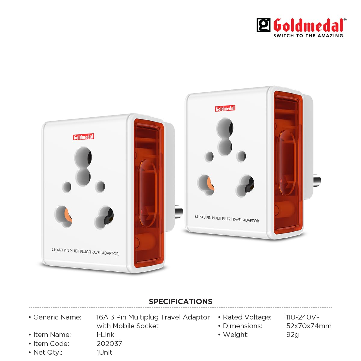 1739613932 Goldmedal 16A i Link 3 Pin Universal Travel Adaptor White Pack of 1 Ideal Travel Companion Durable Reliable