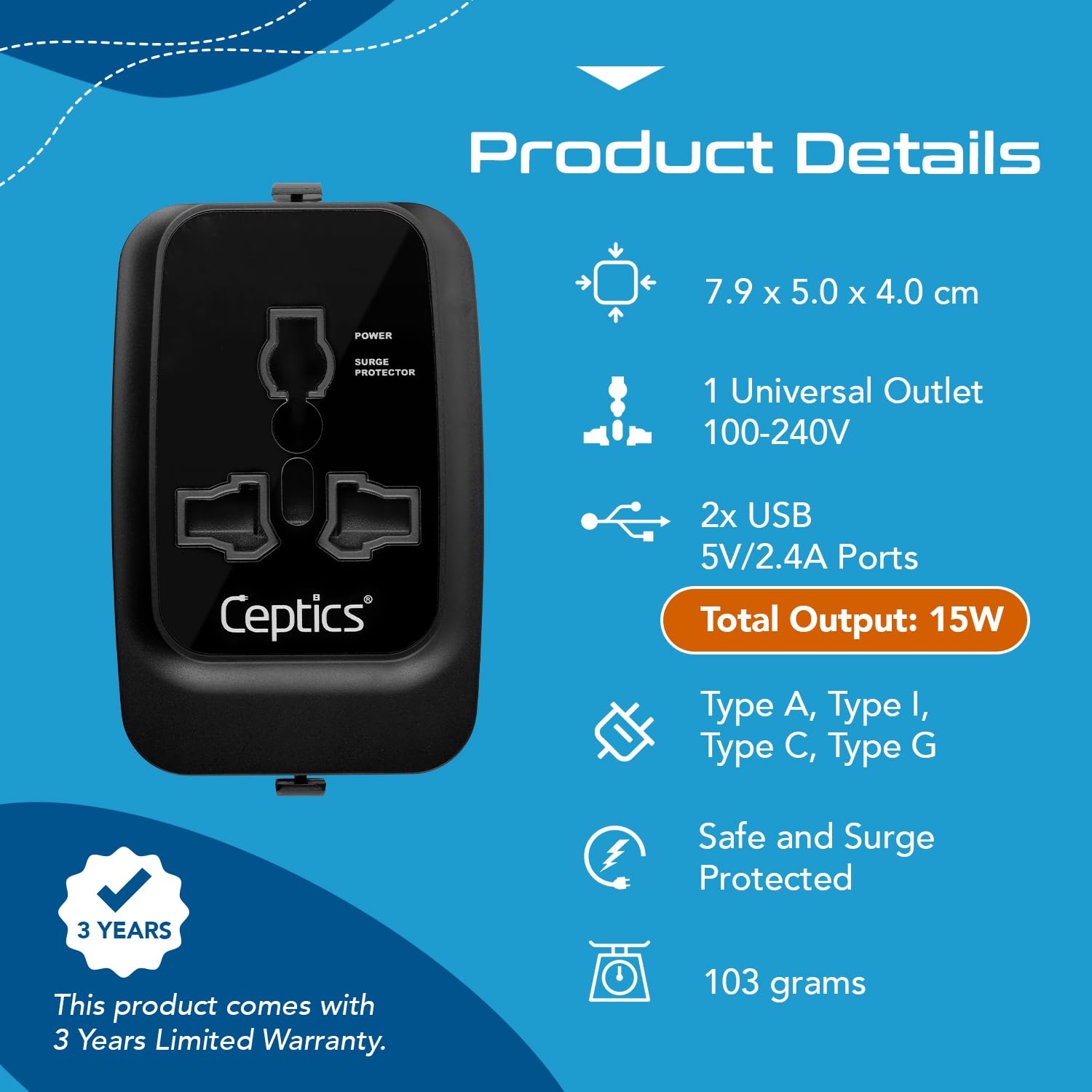 1739700387 Ceptics Universal Charger Adapter Travel Adapter International All in One 2X 2.A USB A with 15W Total Output Use in 150 Countries Type A C G I Output with Universal Input Black