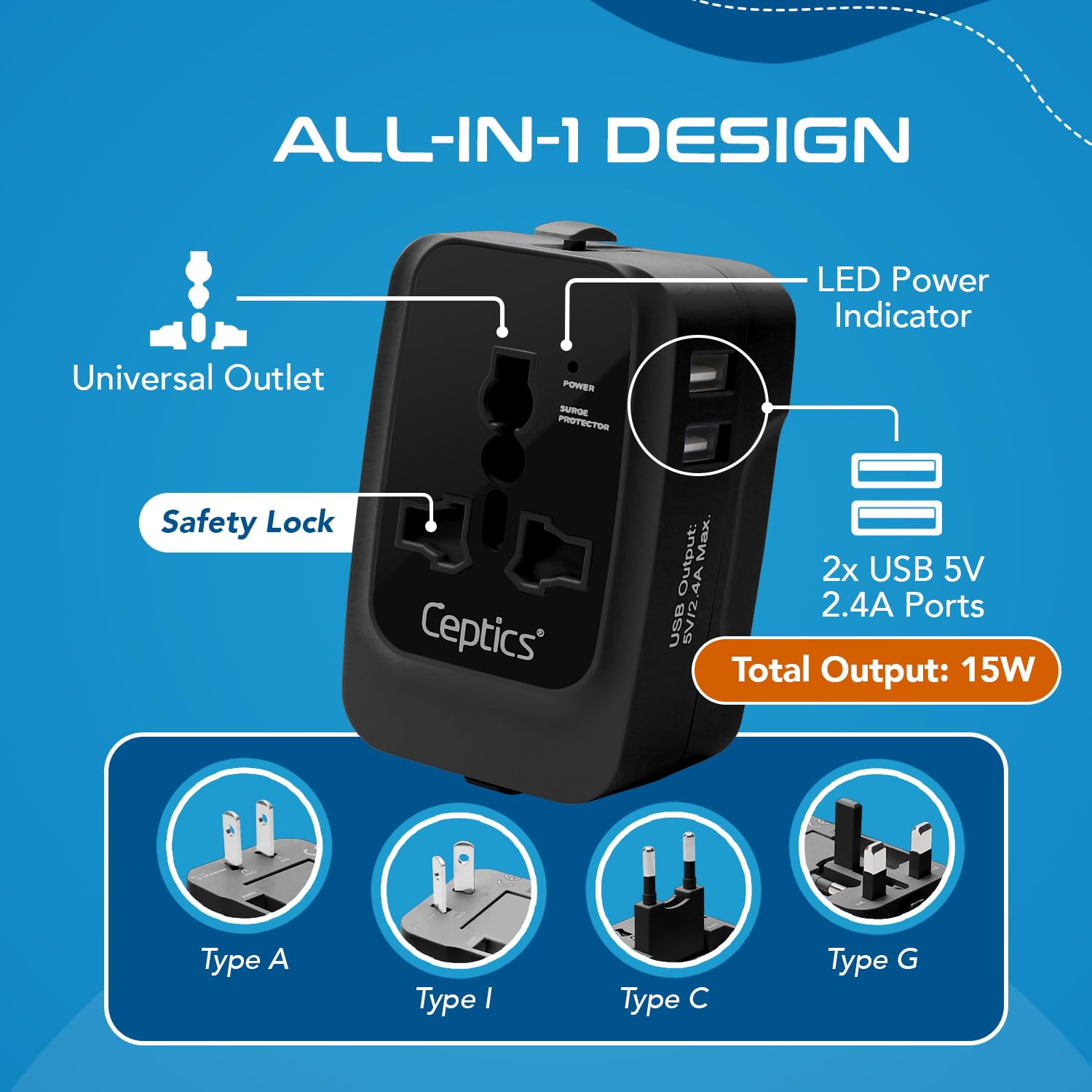 1739700388 Ceptics Universal Charger Adapter Travel Adapter International All in One 2X 2.A USB A with 15W Total Output Use in 150 Countries Type A C G I Output with Universal Input Black