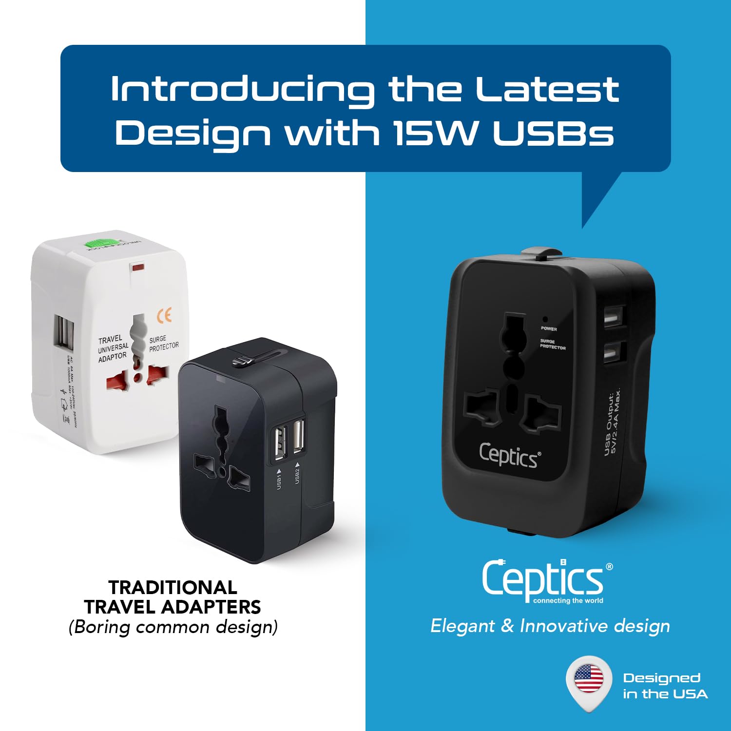 1739700390 Ceptics Universal Charger Adapter Travel Adapter International All in One 2X 2.A USB A with 15W Total Output Use in 150 Countries Type A C G I Output with Universal Input Black