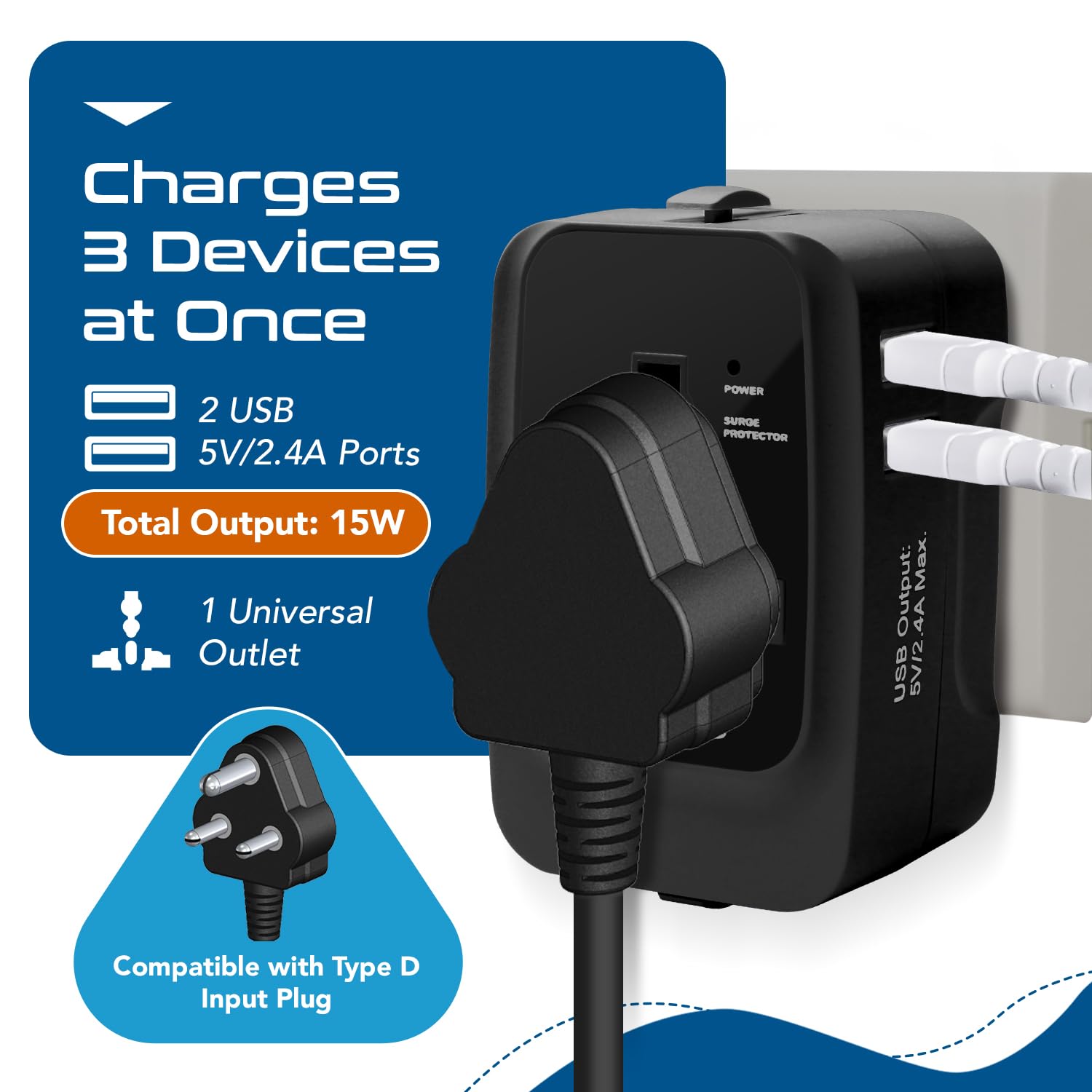 1739700392 Ceptics Universal Charger Adapter Travel Adapter International All in One 2X 2.A USB A with 15W Total Output Use in 150 Countries Type A C G I Output with Universal Input Black