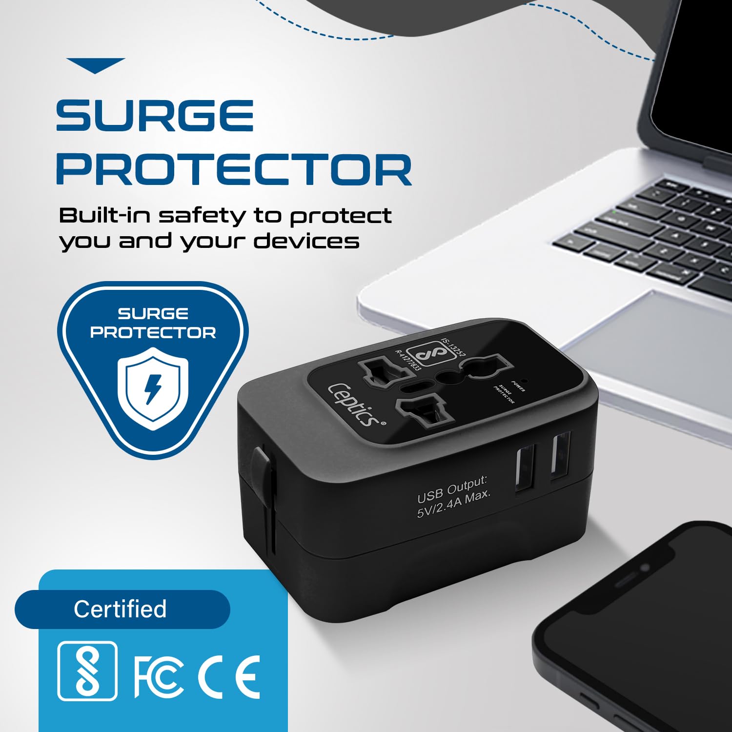 1739700394 Ceptics Universal Charger Adapter Travel Adapter International All in One 2X 2.A USB A with 15W Total Output Use in 150 Countries Type A C G I Output with Universal Input Black