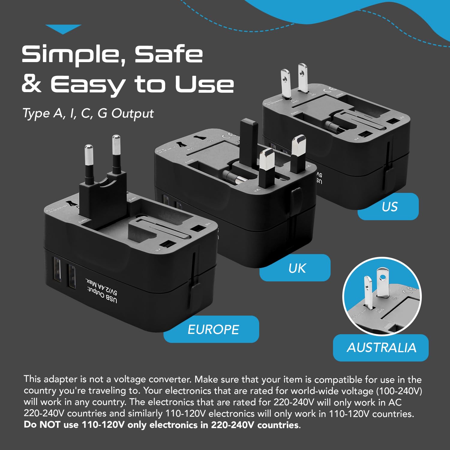 1739700396 Ceptics Universal Charger Adapter Travel Adapter International All in One 2X 2.A USB A with 15W Total Output Use in 150 Countries Type A C G I Output with Universal Input Black