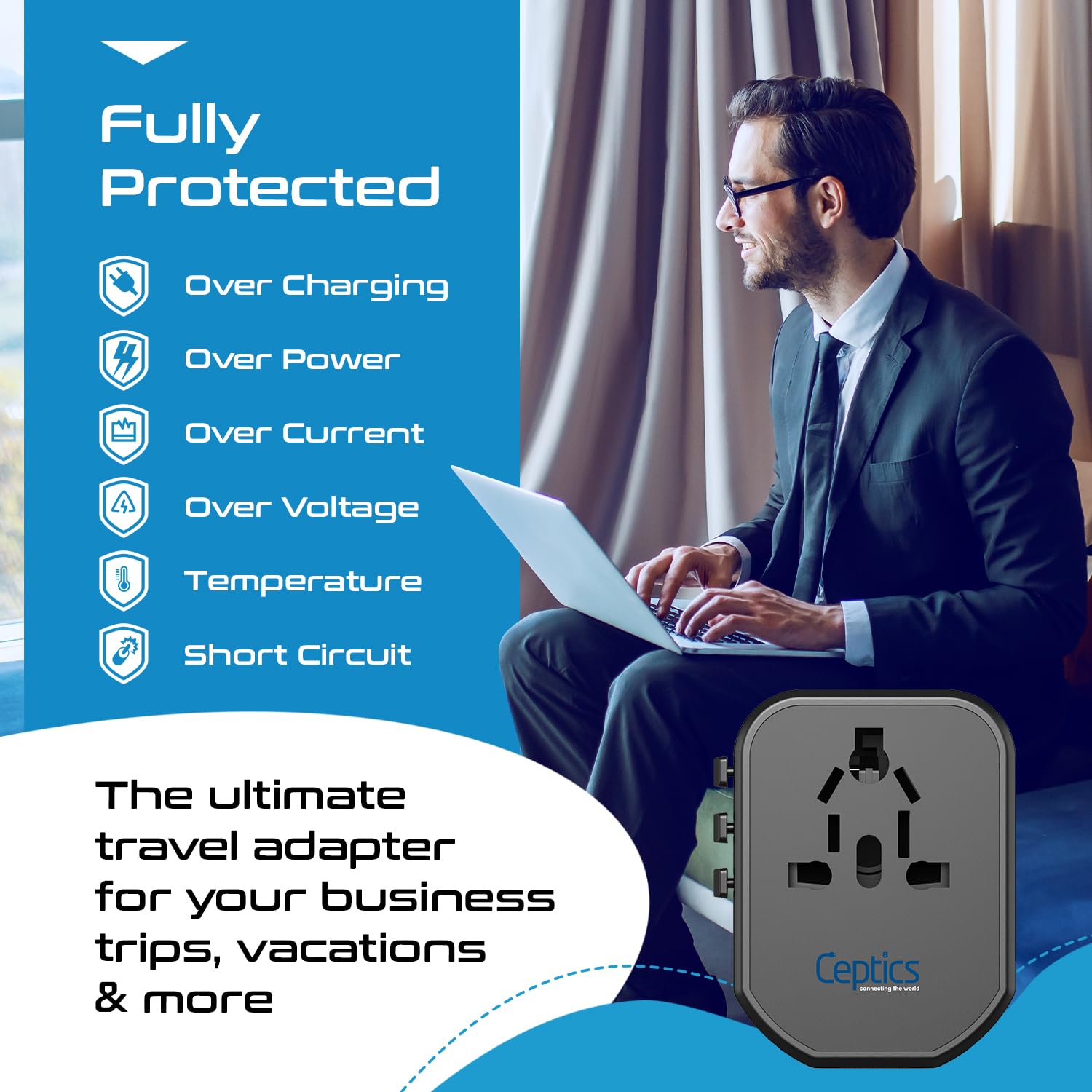 1739873567 Ceptics Multi Plug Socket with USB C 3 in 1 Multi Plug Port 3 Pin Multi Plug Socket Travel Adapter India to Type D Multiple Plug Socket for Laptops Phones CE RoHS White 1 Pack