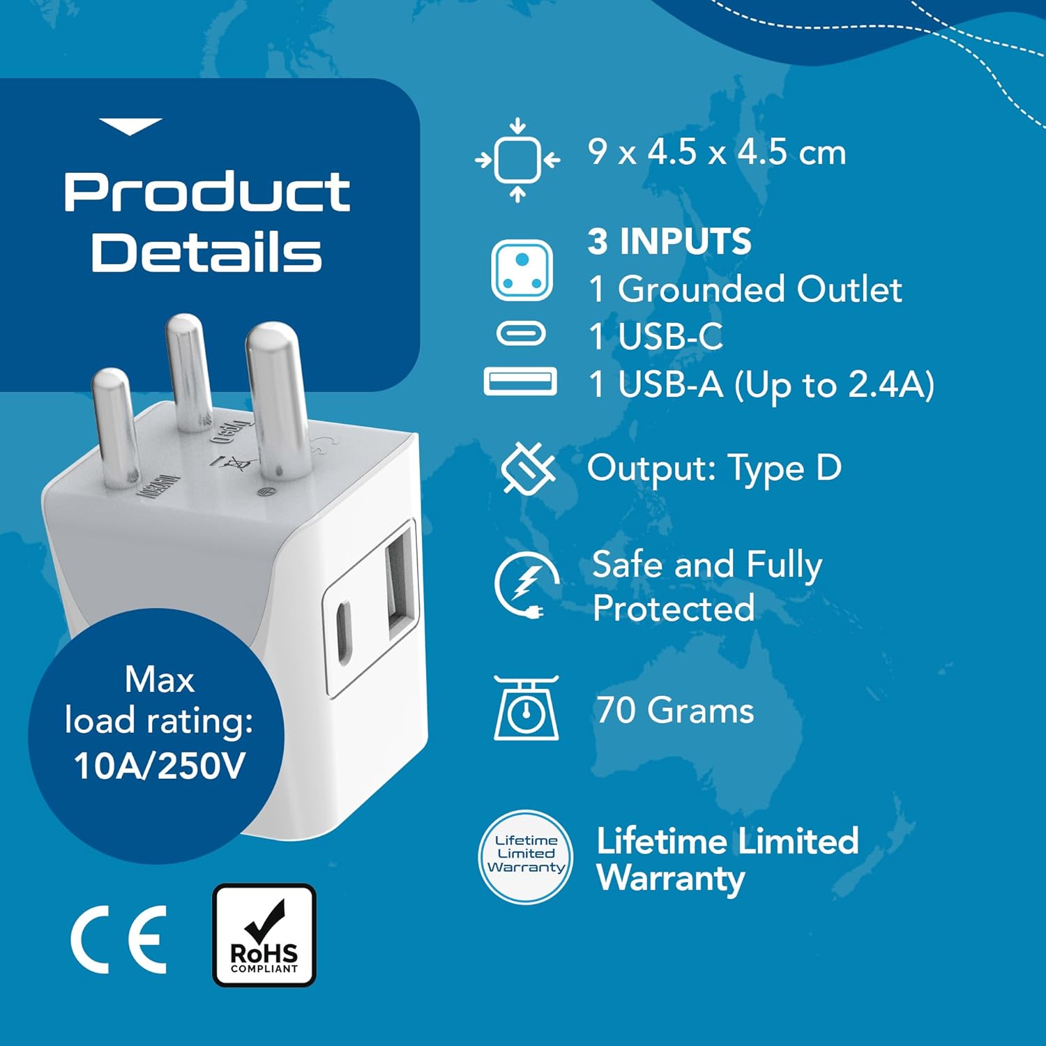 1739873569 Ceptics Multi Plug Socket with USB C 3 in 1 Multi Plug Port 3 Pin Multi Plug Socket Travel Adapter India to Type D Multiple Plug Socket for Laptops Phones CE RoHS White 1 Pack