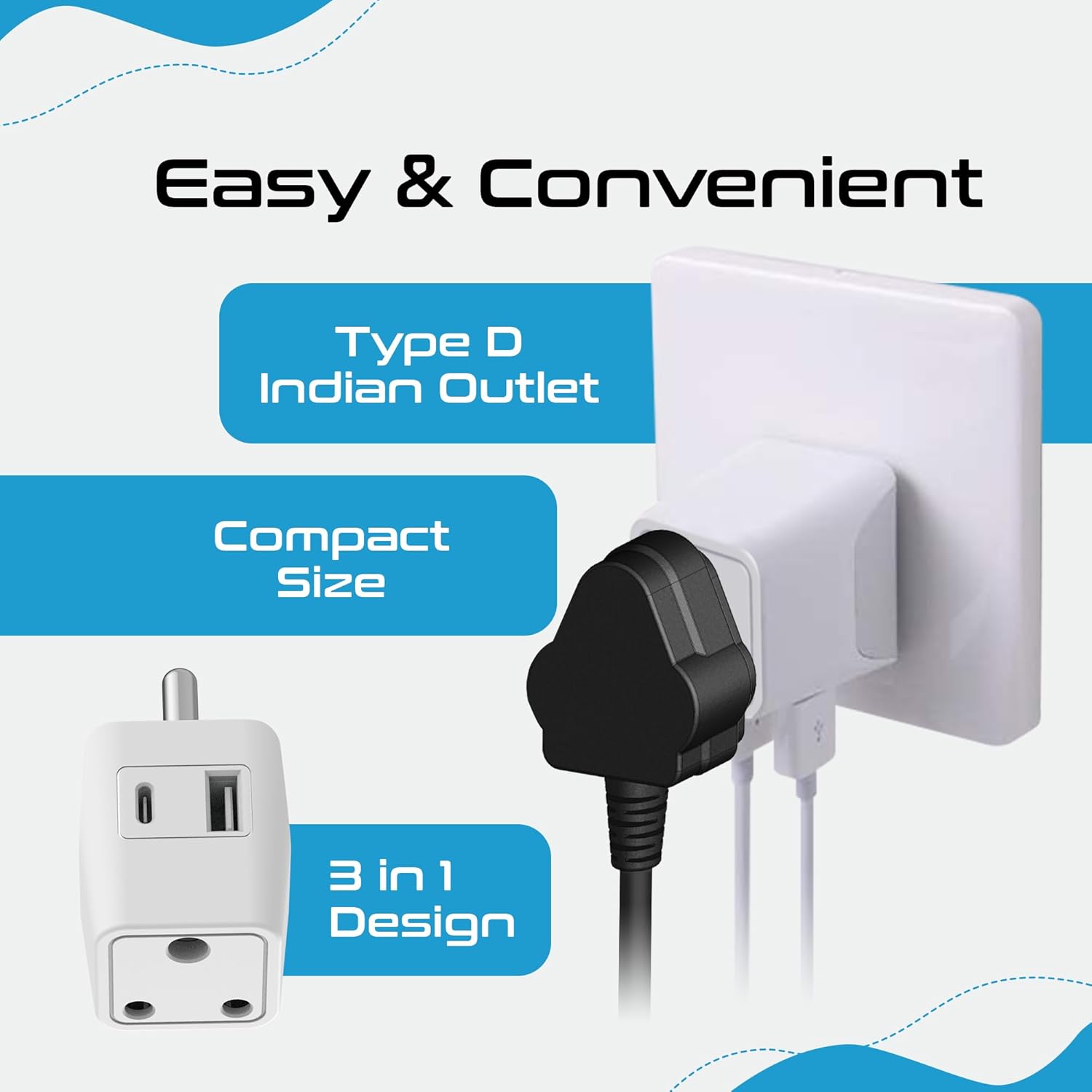 1739873571 Ceptics Multi Plug Socket with USB C 3 in 1 Multi Plug Port 3 Pin Multi Plug Socket Travel Adapter India to Type D Multiple Plug Socket for Laptops Phones CE RoHS White 1 Pack