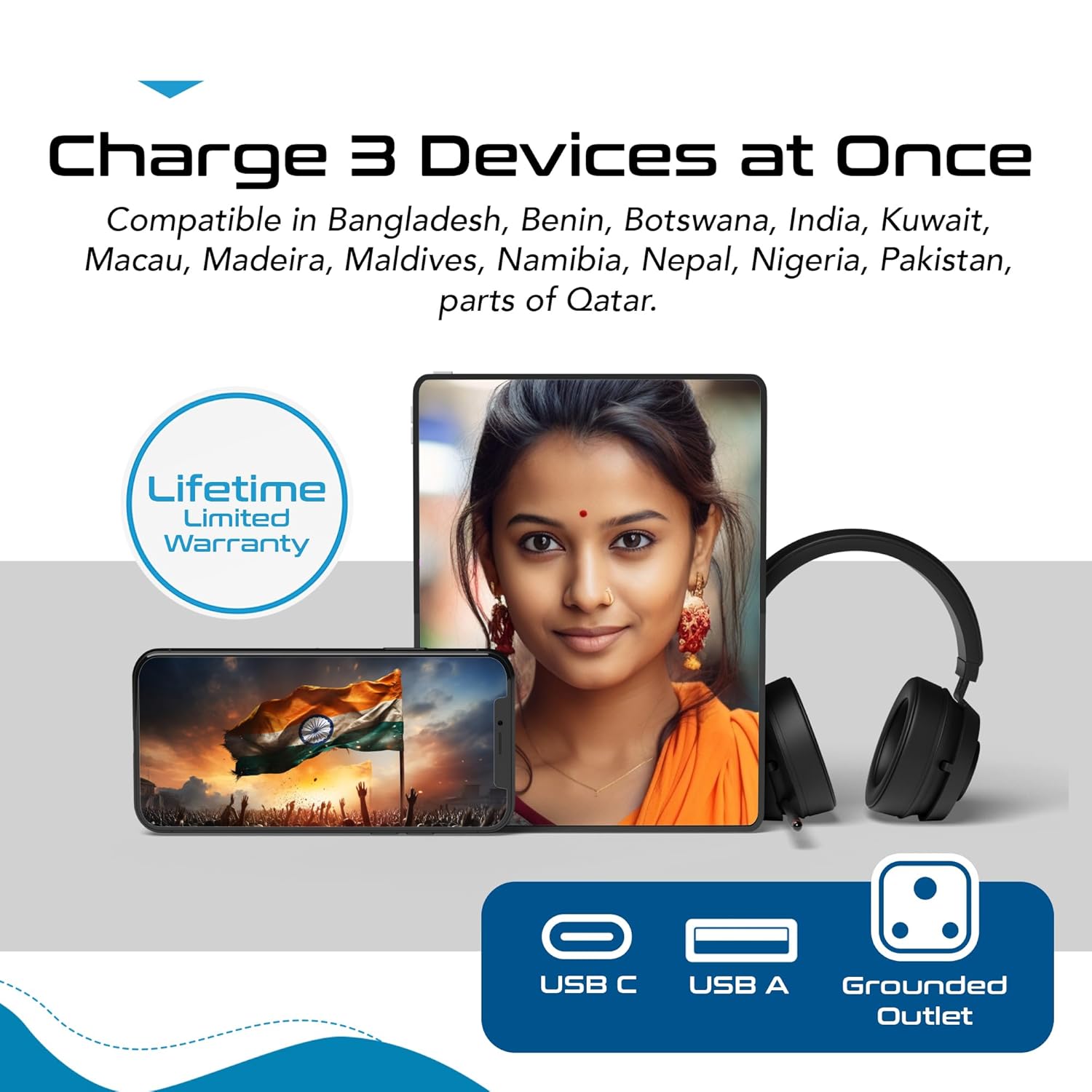 1739873573 Ceptics Multi Plug Socket with USB C 3 in 1 Multi Plug Port 3 Pin Multi Plug Socket Travel Adapter India to Type D Multiple Plug Socket for Laptops Phones CE RoHS White 1 Pack