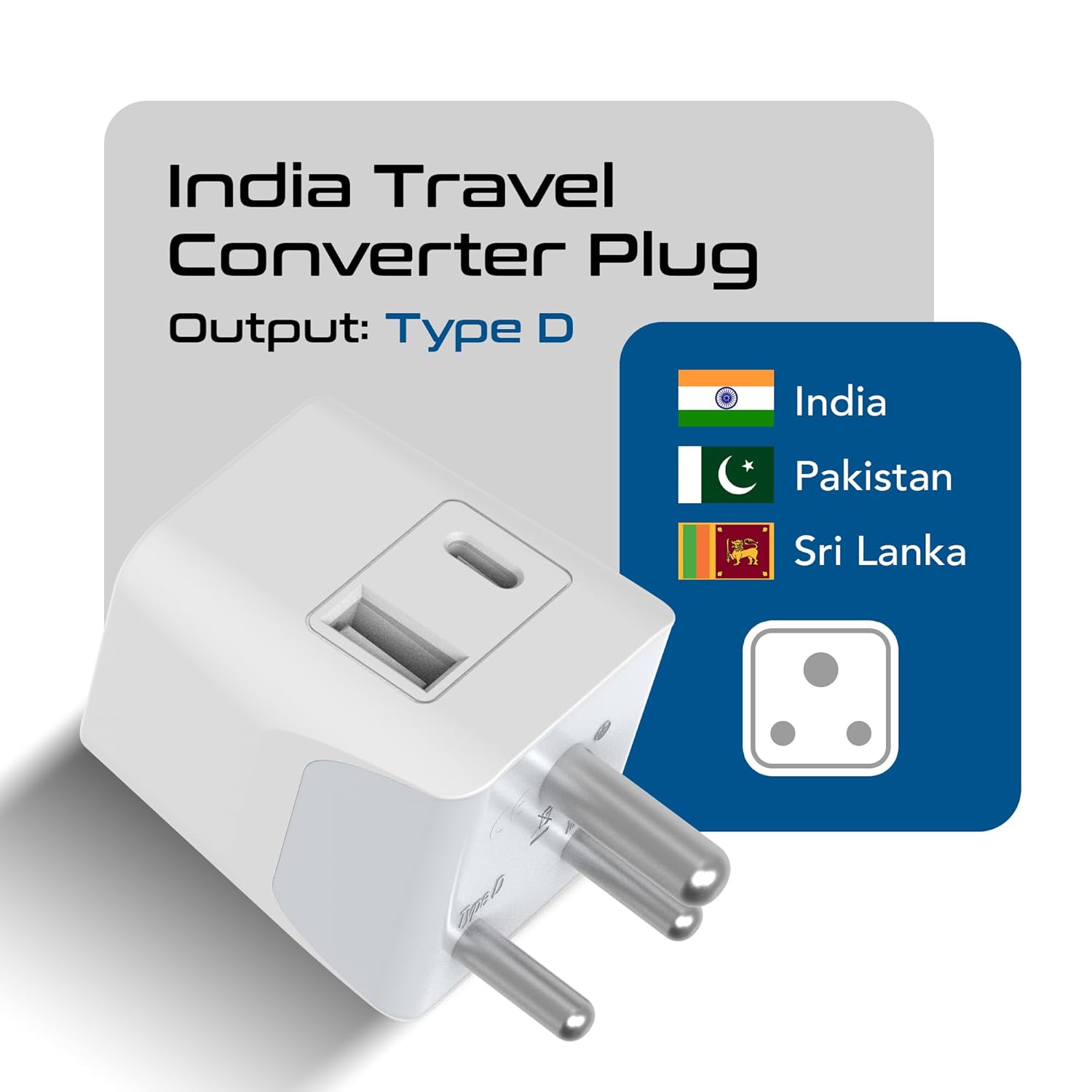 1739873576 Ceptics Multi Plug Socket with USB C 3 in 1 Multi Plug Port 3 Pin Multi Plug Socket Travel Adapter India to Type D Multiple Plug Socket for Laptops Phones CE RoHS White 1 Pack