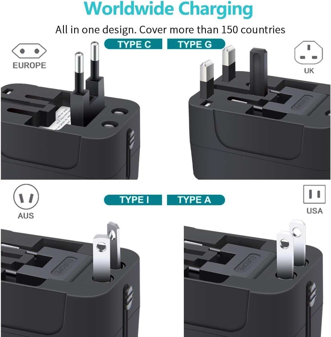 1740419947 Kienlix Universal Travel Adapter with Type C 3 in 1 Universal Adapter Plug Travel Essentials Accessories with 1 USB 1 USB C with 2.4A Travel Adaptor for Phone Laptop Mobile Tablet CUSB