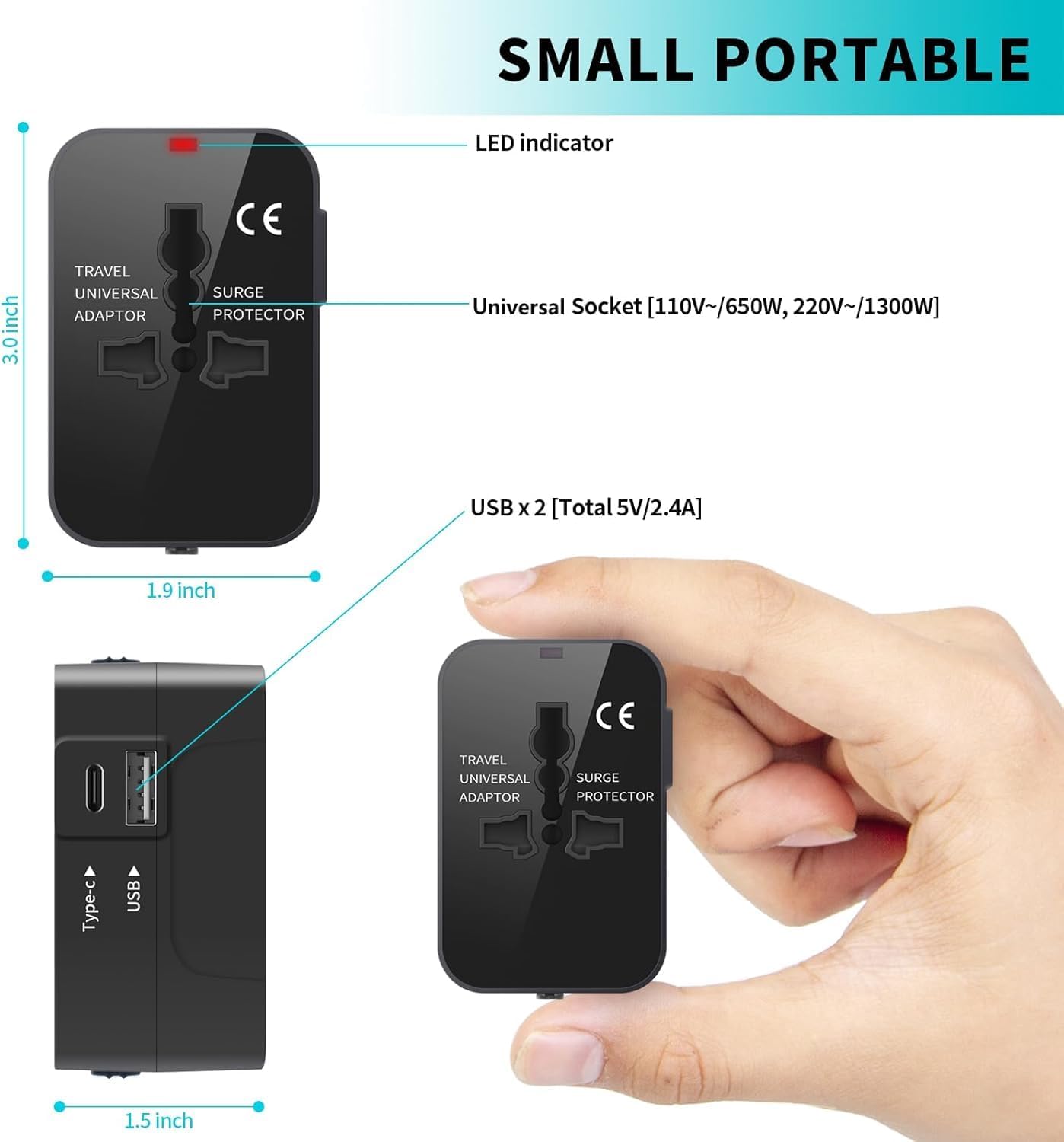 1740419951 Kienlix Universal Travel Adapter with Type C 3 in 1 Universal Adapter Plug Travel Essentials Accessories with 1 USB 1 USB C with 2.4A Travel Adaptor for Phone Laptop Mobile Tablet CUSB