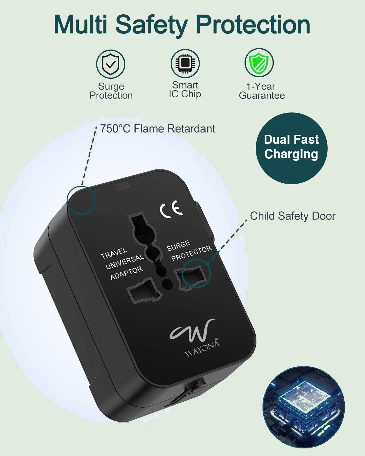 1740506435 Wayona 38W Universal Travel Adapter with Type C USB A International Travel Adapter Portable Plug Socket USB A QC 3.0 18WType C PD 20W 3A Max Fast Charging Worldwide Travel Adapter