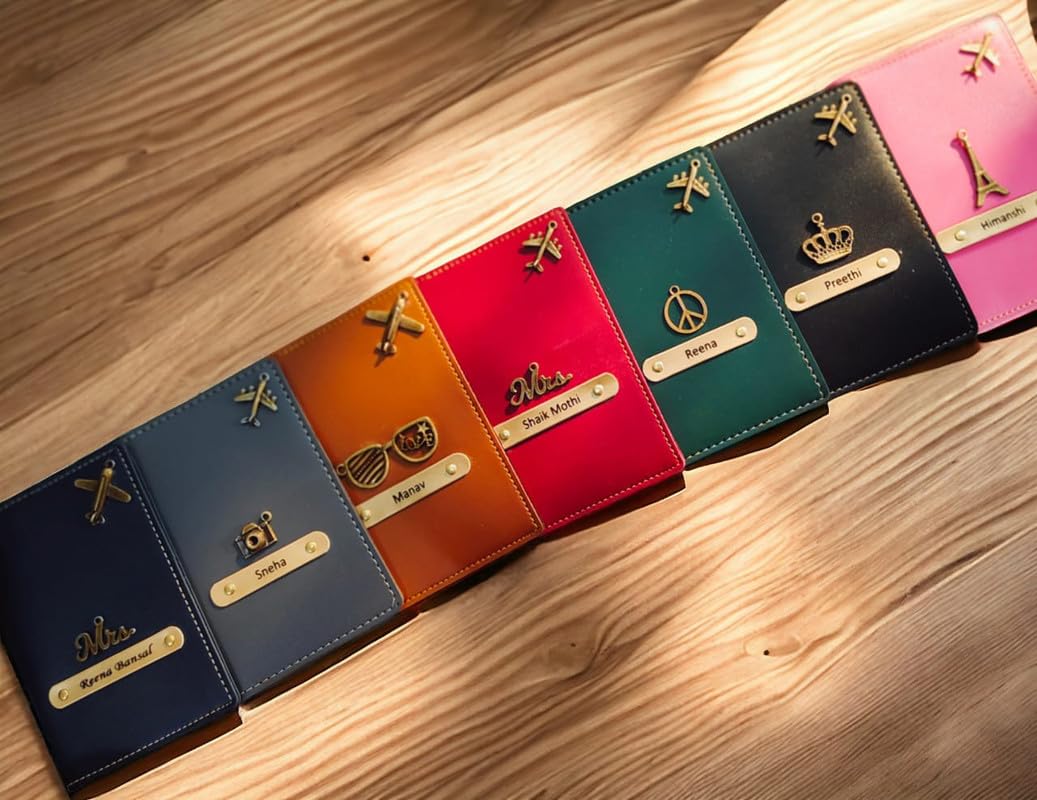 CELED Personalised Passport Cover Combo Unisex for Men & Women, CELED Personalised Passport Cover Combo Unisex for Men & Women, Customised Combo Gift Pack, Faux Leather, Brown & Blue