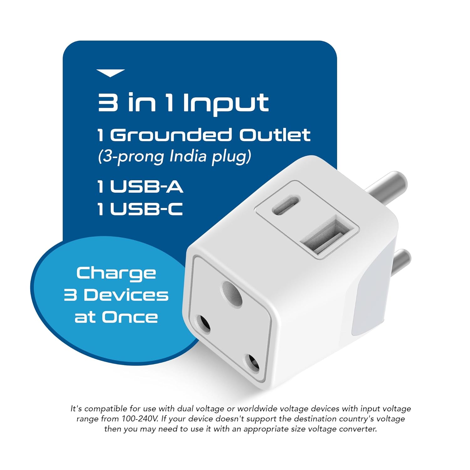 Ceptics Multi Plug Socket with USB C 3 in 1 Multi Plug Port 3 Pin Multi Plug Socket Travel Adapter India to Type D Multiple Plug Socket for Laptops Phones CE RoHS White 1 Pack