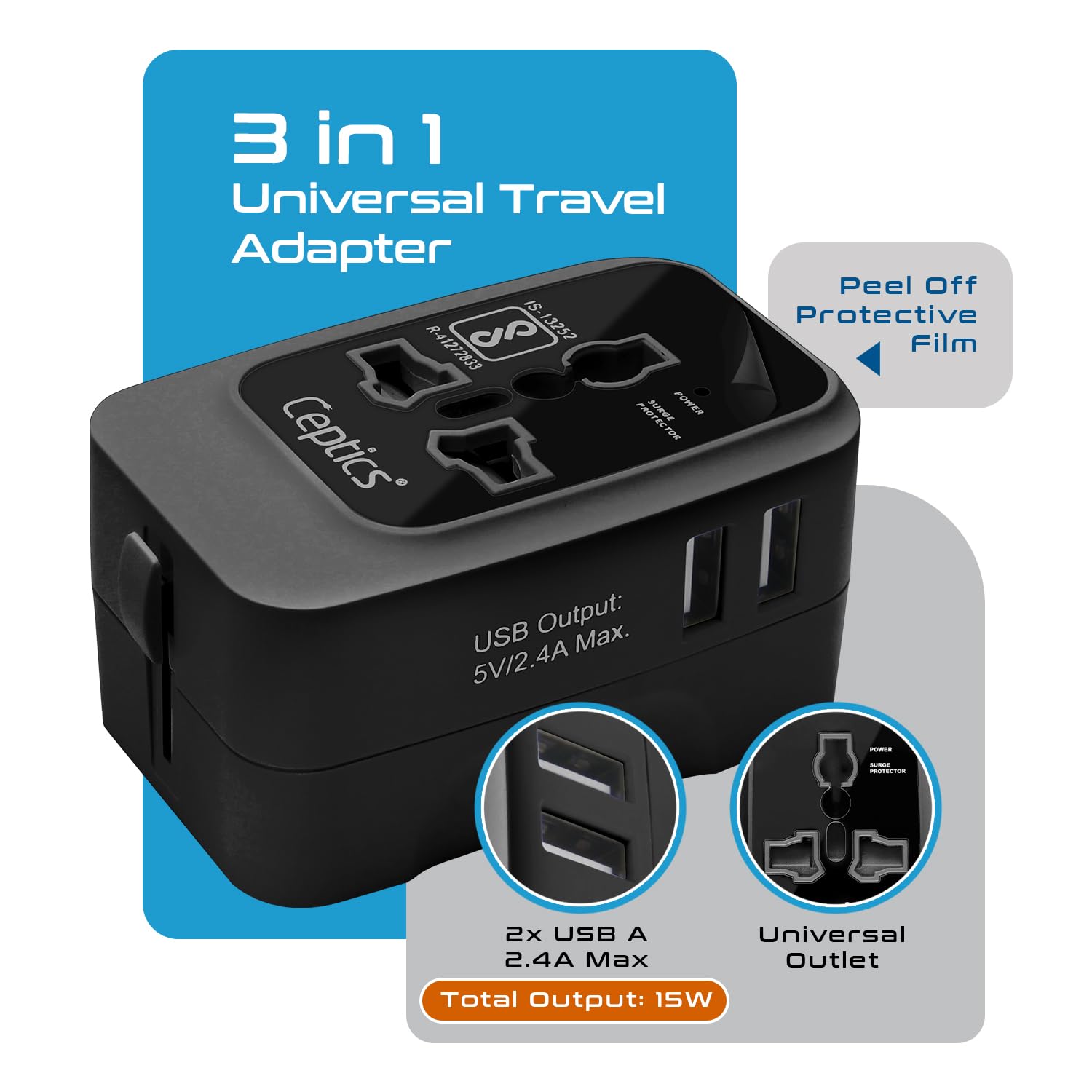 Ceptics Universal Charger Adapter Travel Adapter International All in One 2X 2.A USB A with 15W Total Output Use in 150 Countries Type A C G I Output with Universal Input Black