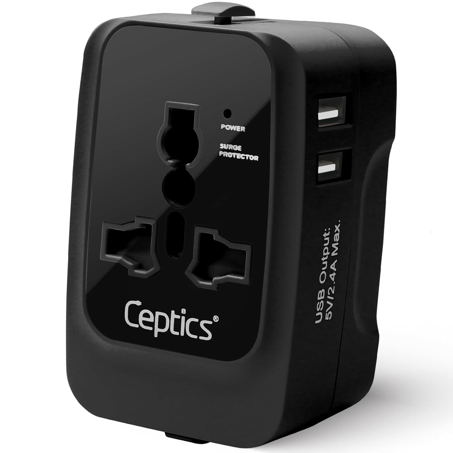 Ceptics Universal Charger Adapter, Travel Adapter International All in One, 2X 2.A USB-A with 15W Total Output, Use in 150 Countries, Type A, C, G, I Output with Universal Input - Black